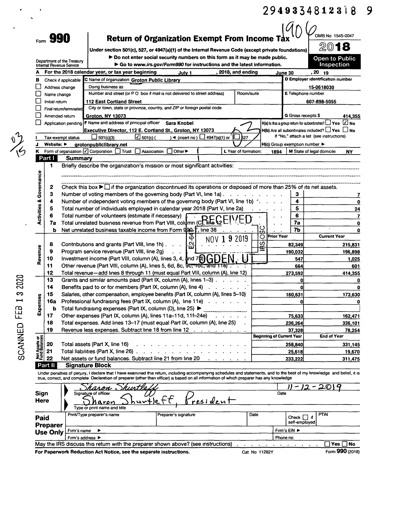 Image of first page of 2018 Form 990 for Groton Public Library