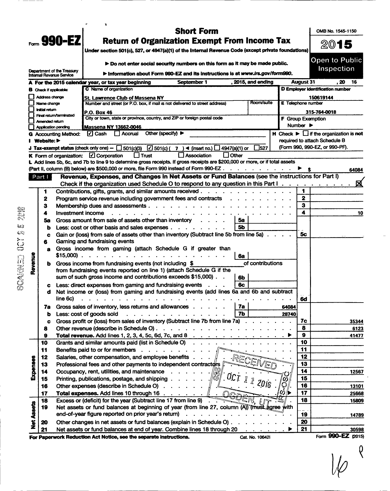 Image of first page of 2015 Form 990EO for St Lawrence Club of Massena