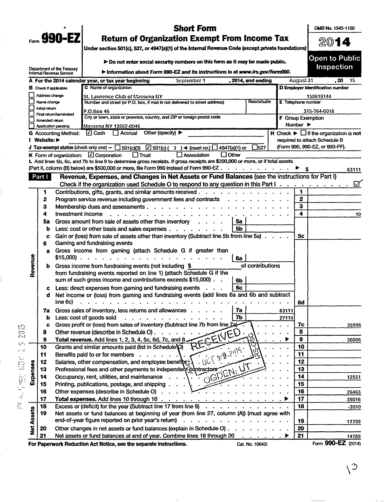 Image of first page of 2014 Form 990EO for St Lawrence Club of Massena