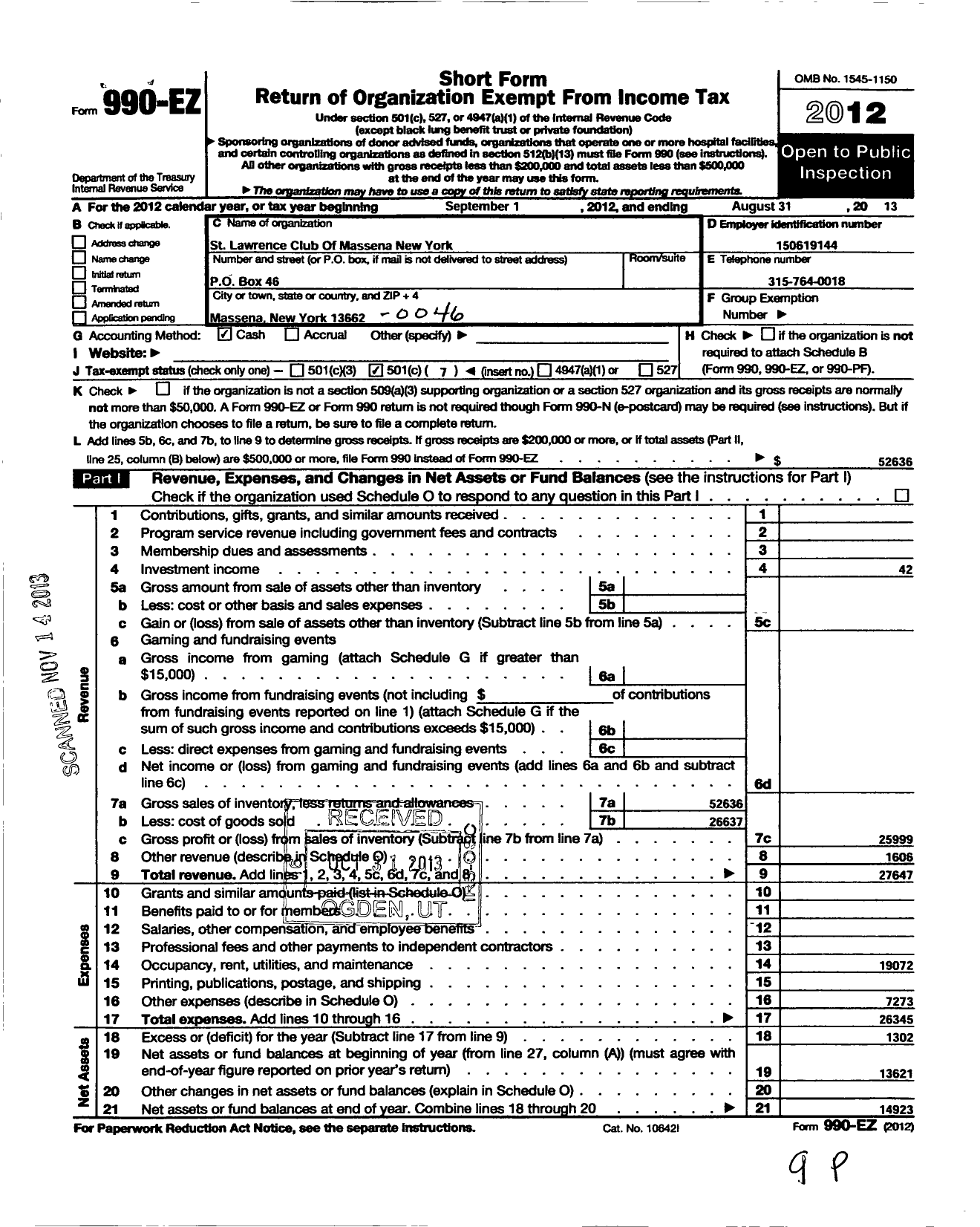 Image of first page of 2012 Form 990EO for St Lawrence Club of Massena