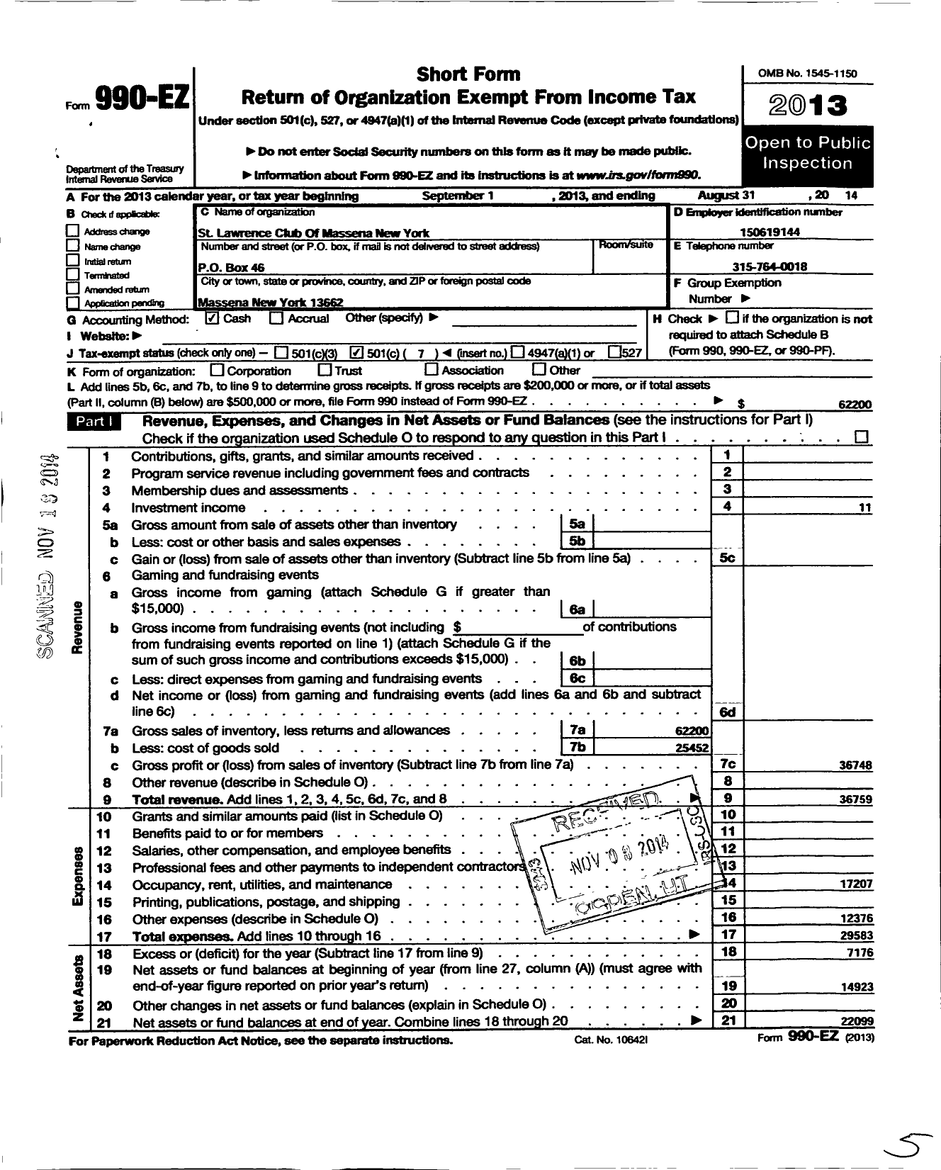 Image of first page of 2013 Form 990EO for St Lawrence Club of Massena