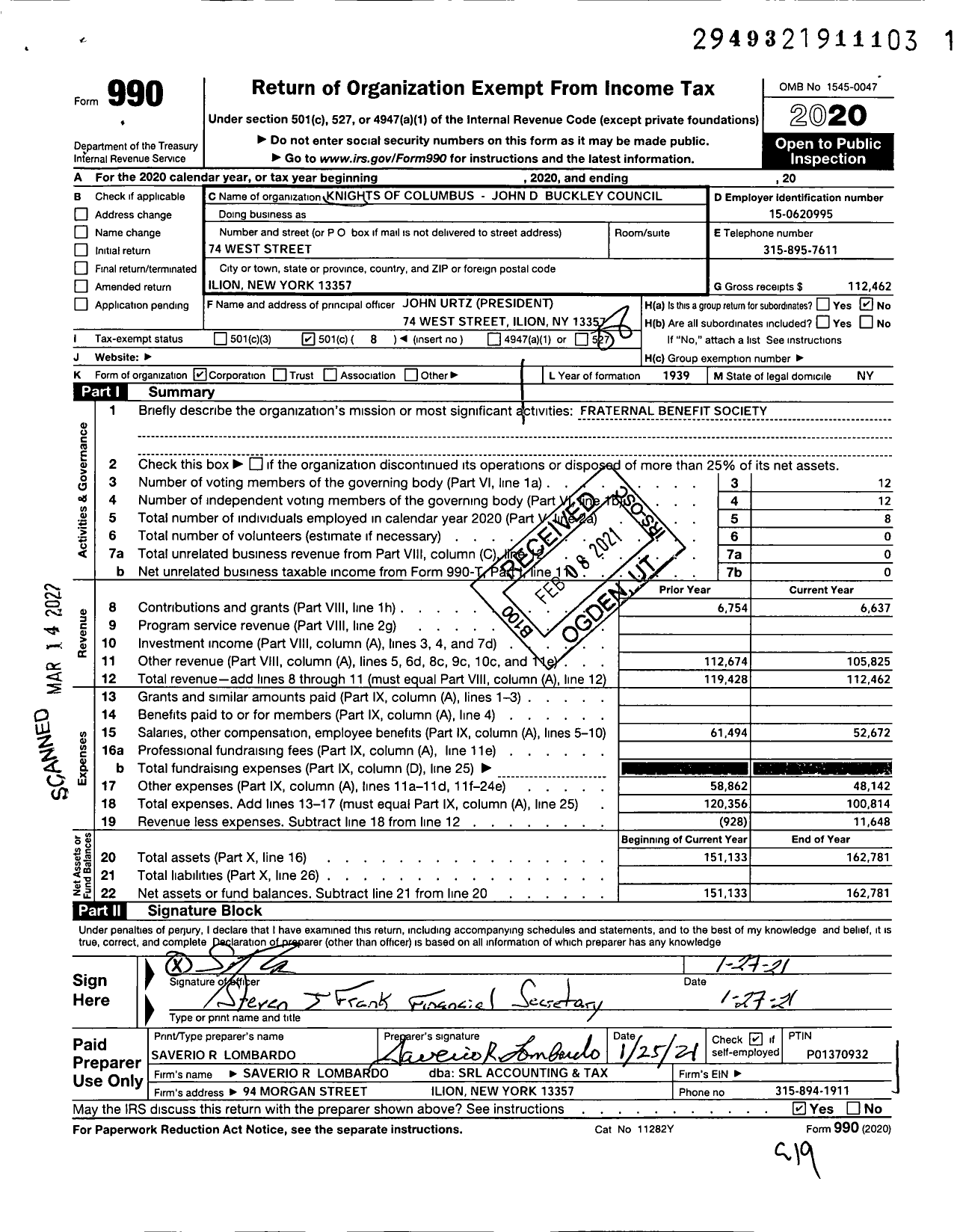 Image of first page of 2020 Form 990O for Knights of Columbus - 518 Sacred Heart Council