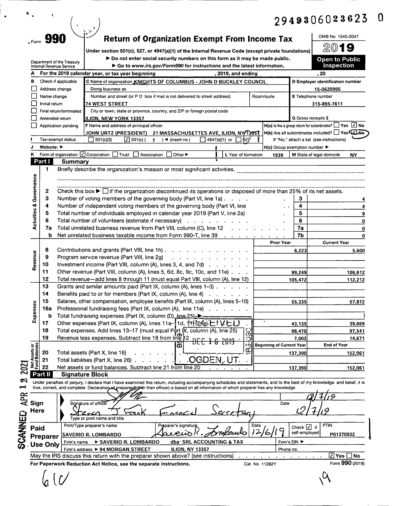 Image of first page of 2019 Form 990O for Knights of Columbus - 518 Sacred Heart Council