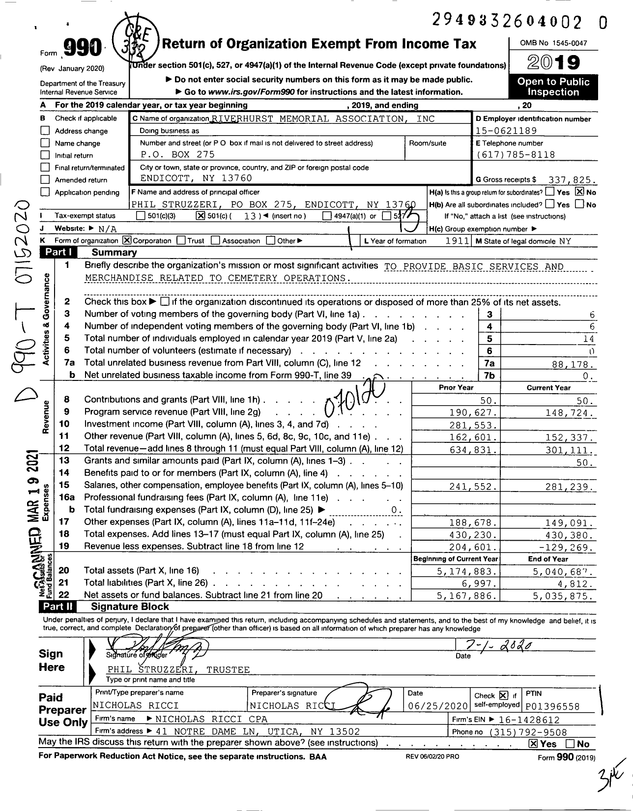 Image of first page of 2019 Form 990O for Riverhurst Memorial Association