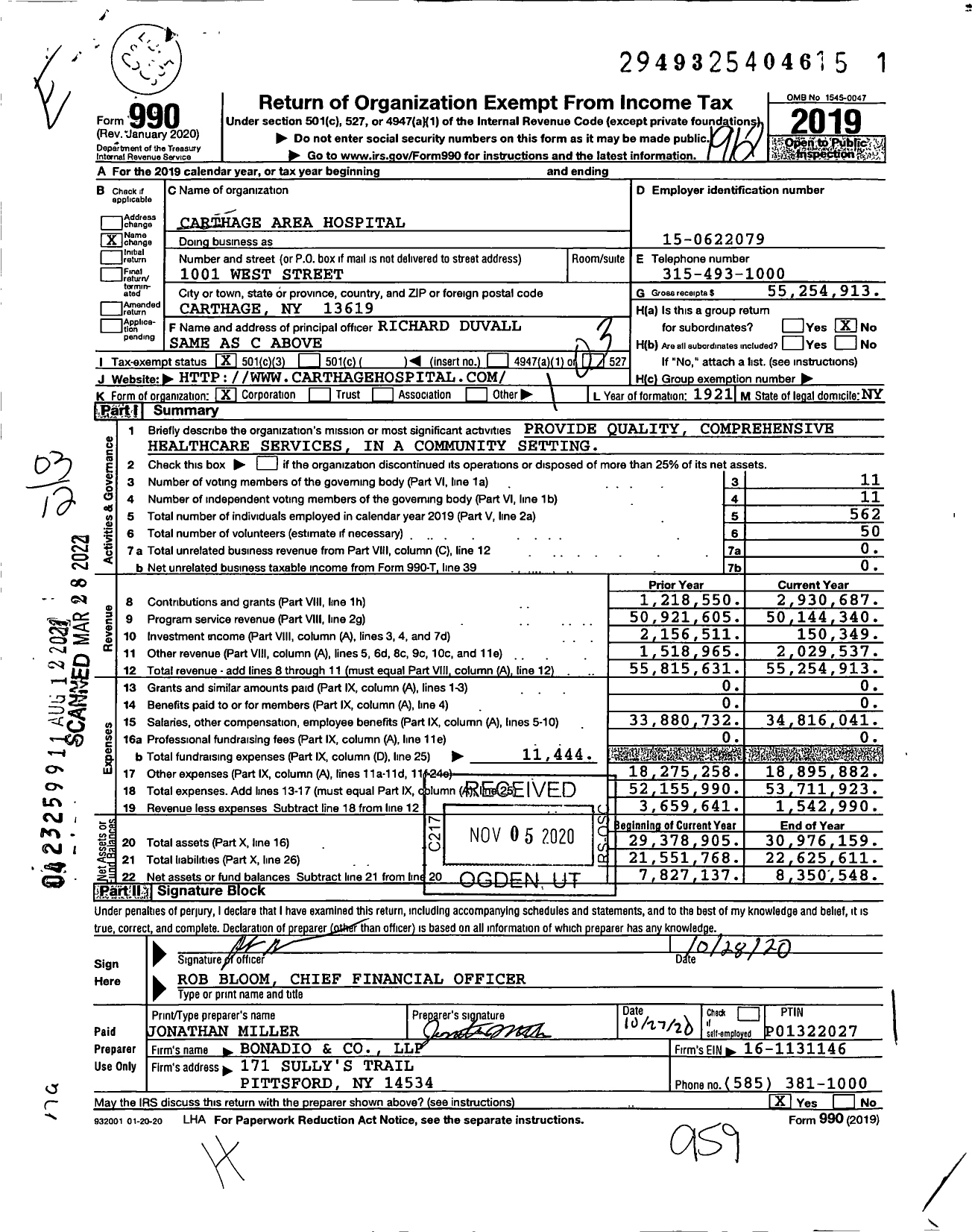 Image of first page of 2019 Form 990 for Carthage Area Hospital