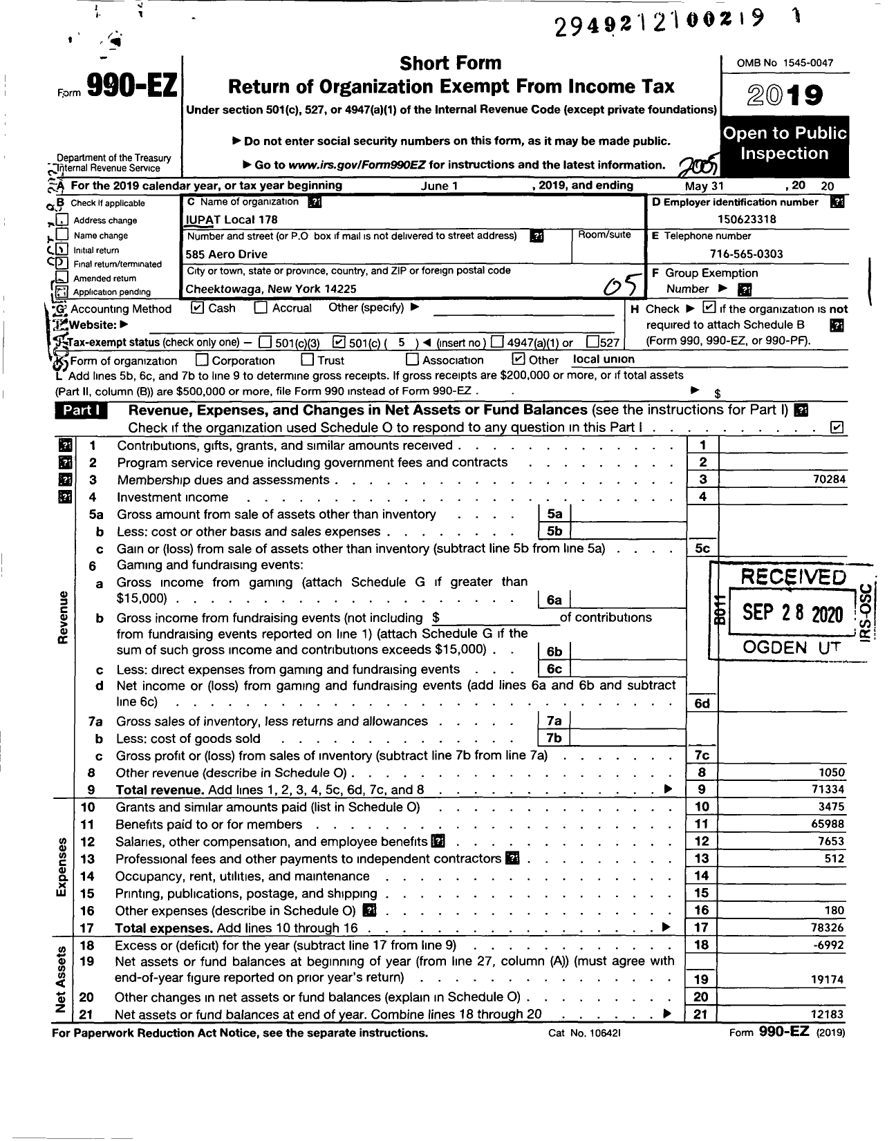 Image of first page of 2019 Form 990EO for International Union of Painters and Allied Trades - 178 Painters Local Union