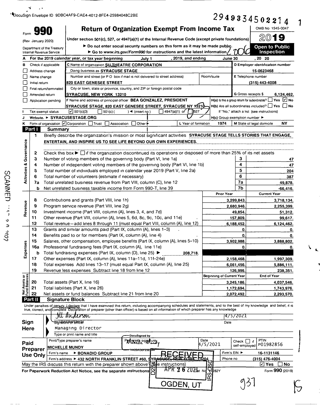Image of first page of 2019 Form 990 for Syracuse Stage