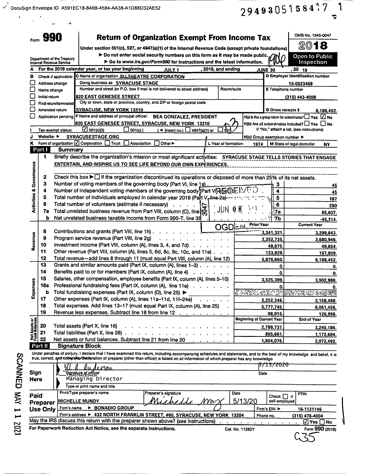 Image of first page of 2018 Form 990 for Syracuse Stage