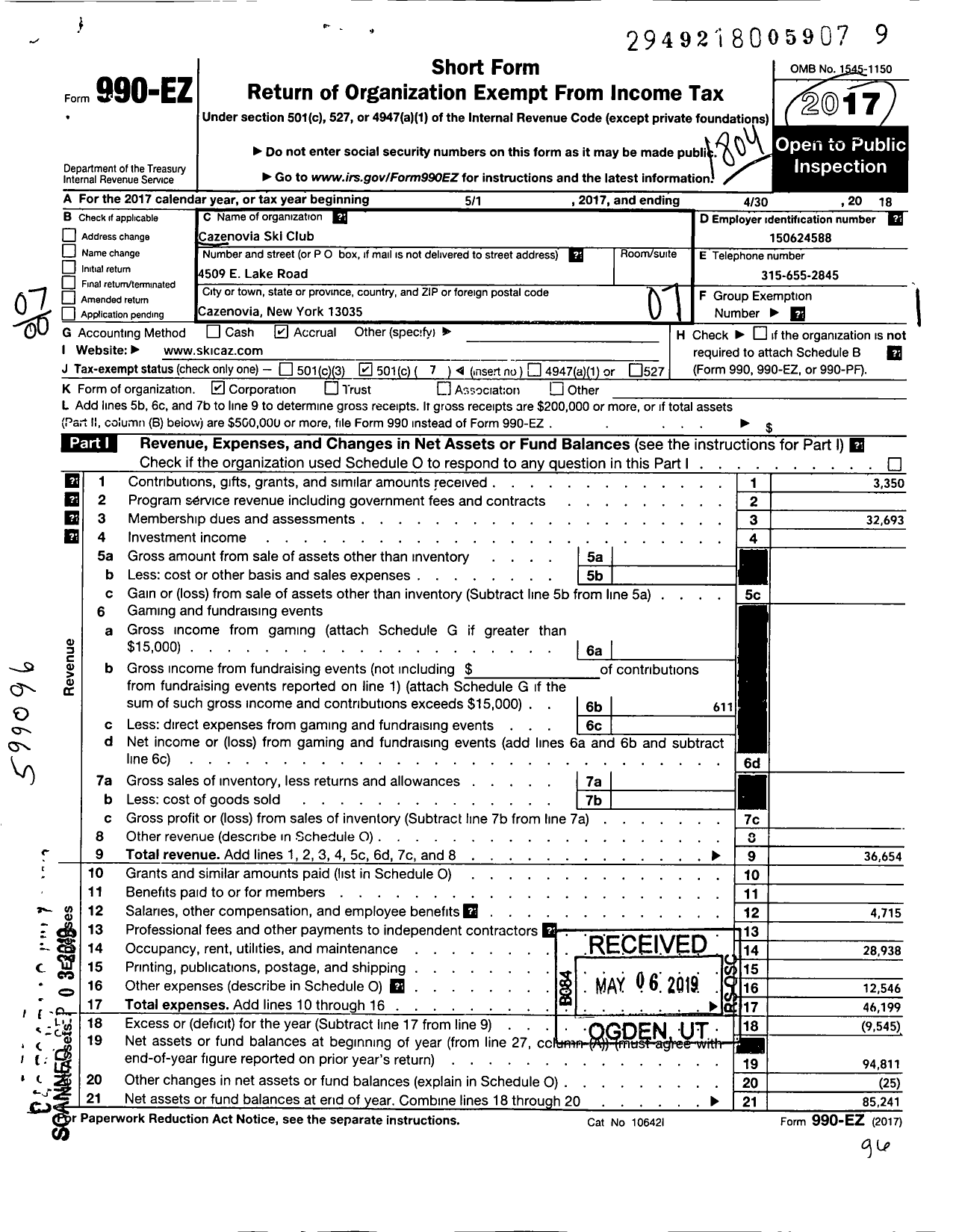 Image of first page of 2017 Form 990EO for Cazenovia Ski Club