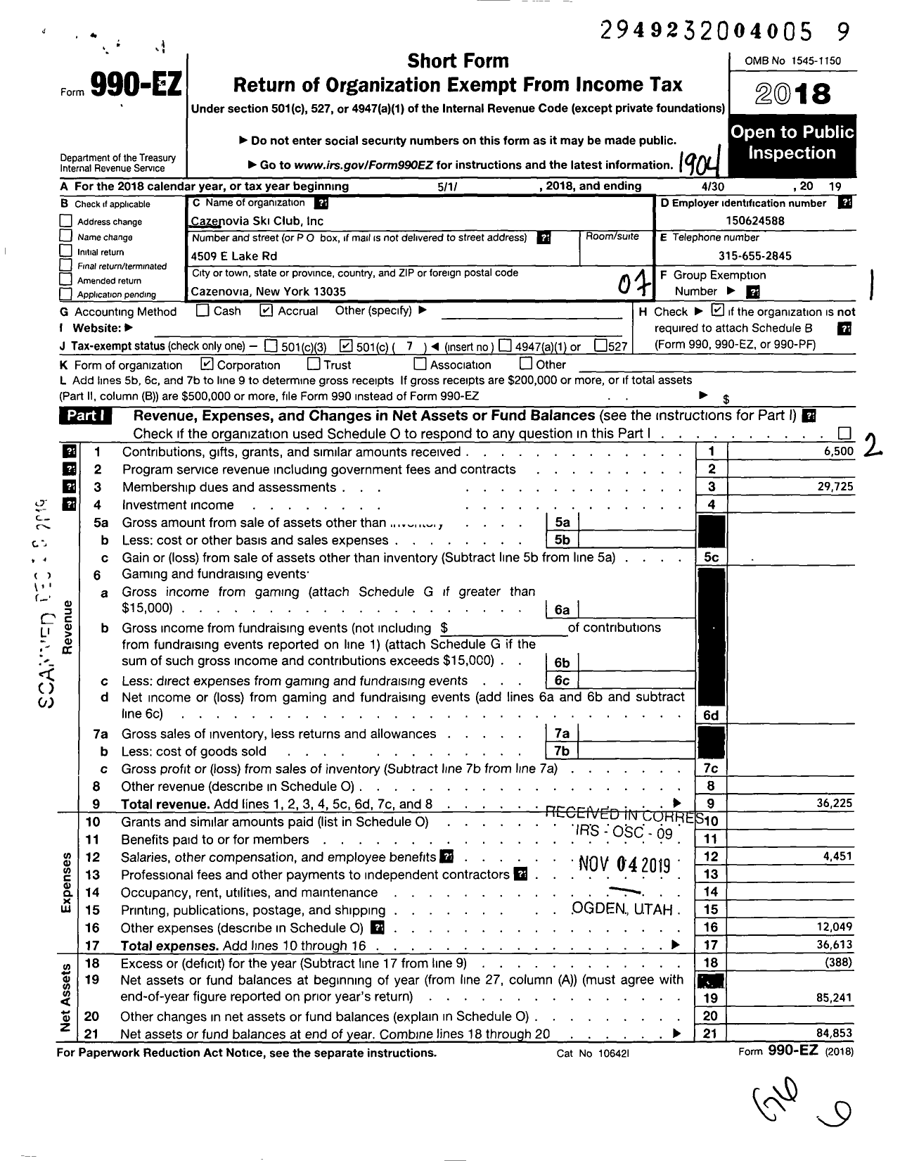 Image of first page of 2018 Form 990EO for Cazenovia Ski Club