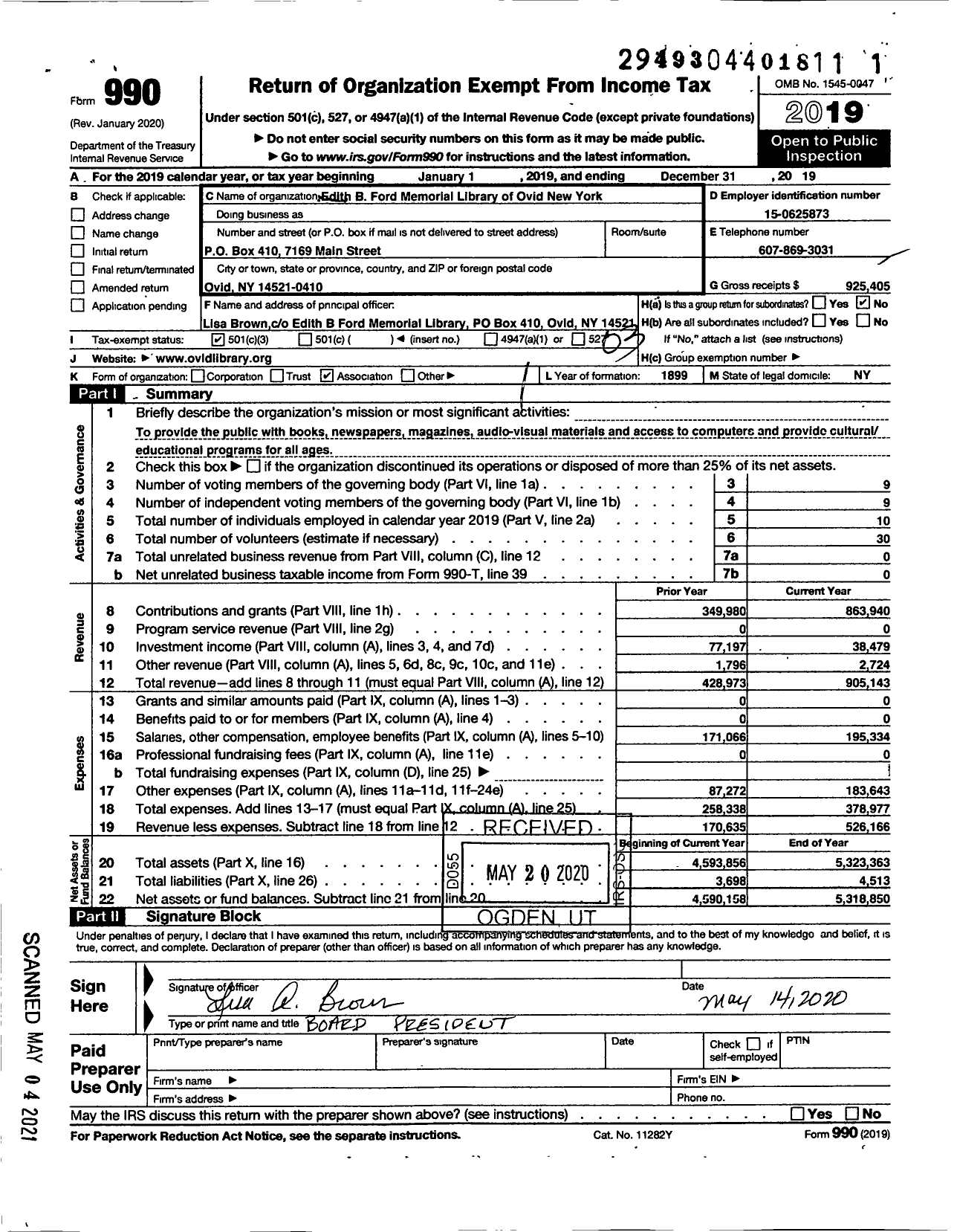 Image of first page of 2019 Form 990 for Edith B Ford Memorial Library of Ovid New York