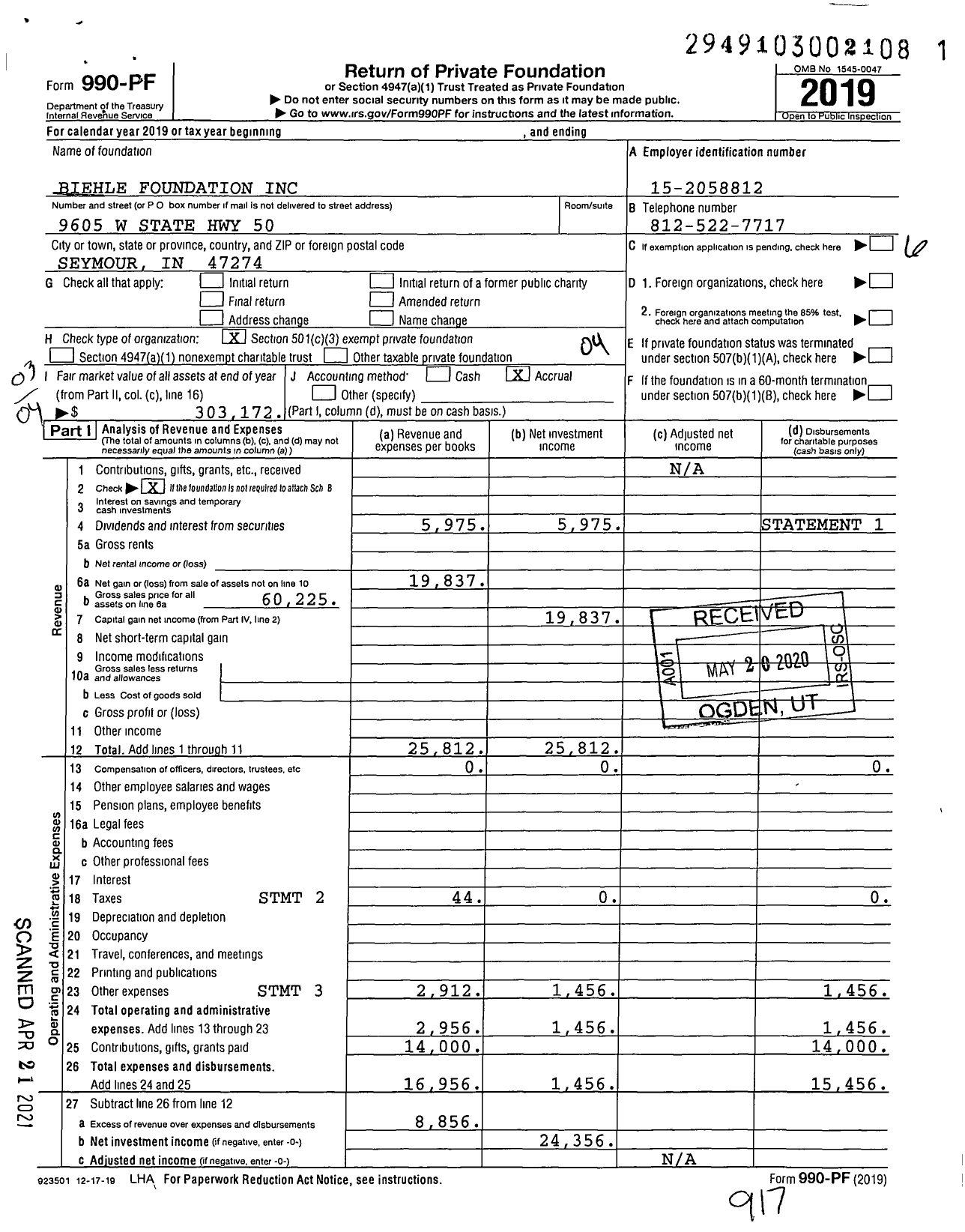 Image of first page of 2019 Form 990PF for Biehle Foundation