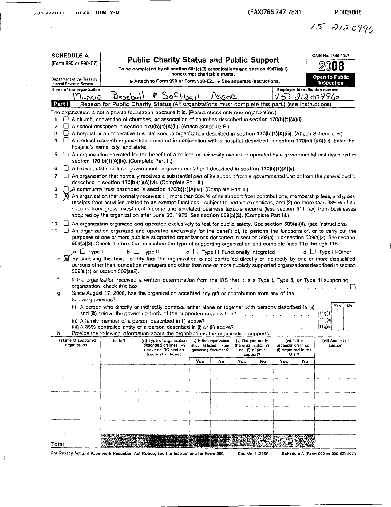 Image of first page of 2007 Form 990ER for Muncie Baseball and Softball Association