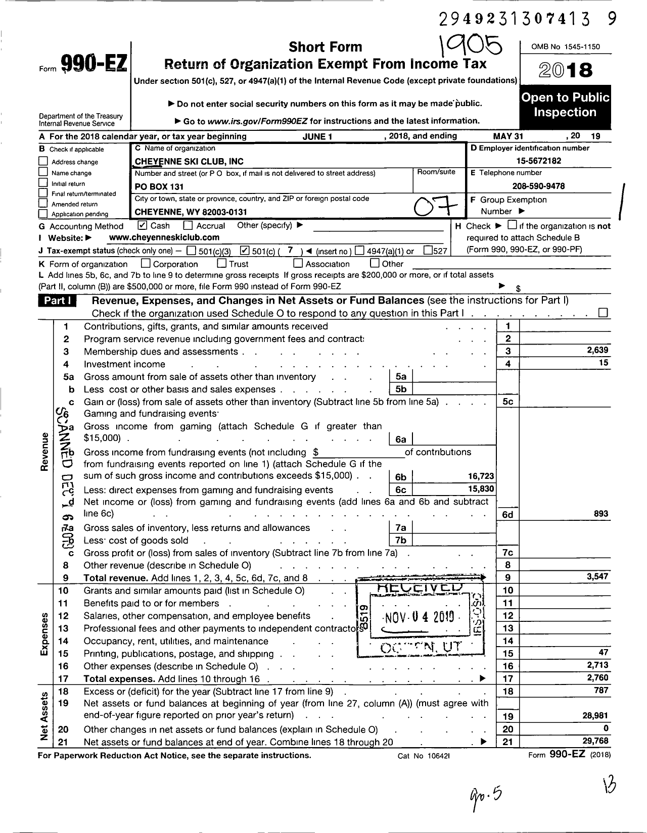 Image of first page of 2018 Form 990EO for Cheyenne Ski Club