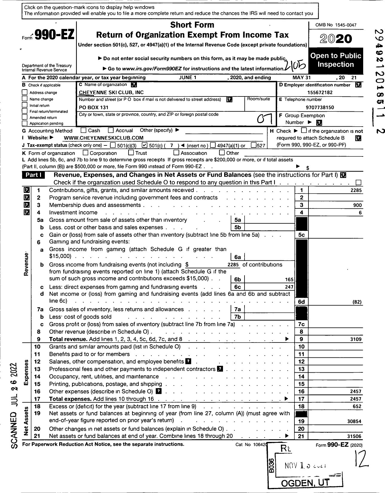 Image of first page of 2020 Form 990EO for Cheyenne Ski Club