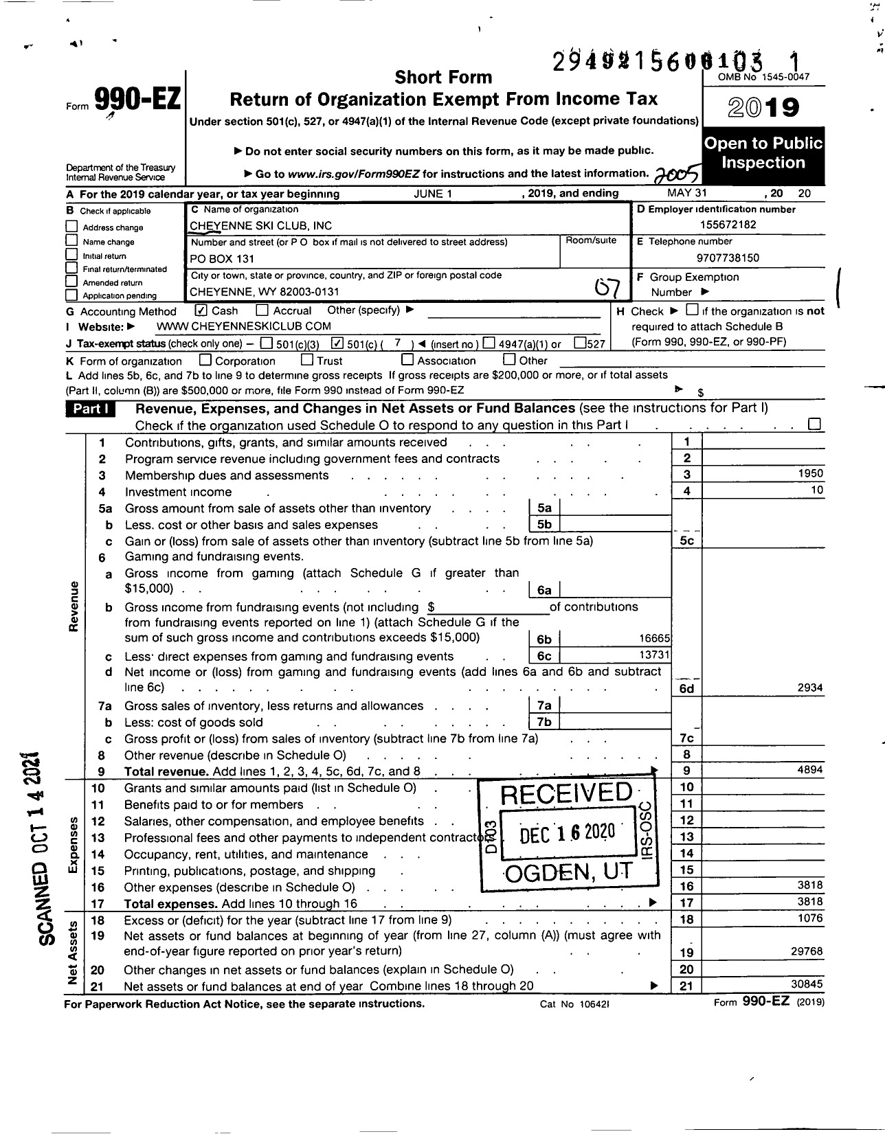 Image of first page of 2019 Form 990EO for Cheyenne Ski Club