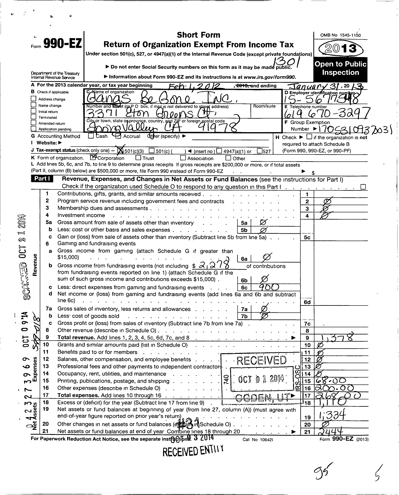 Image of first page of 2012 Form 990EZ for Gangs Be Gone