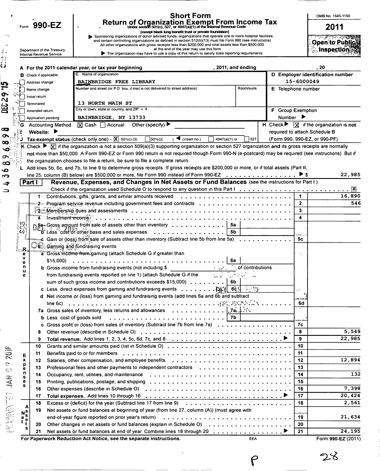 Image of first page of 2011 Form 990EZ for Bainbridge Free Library