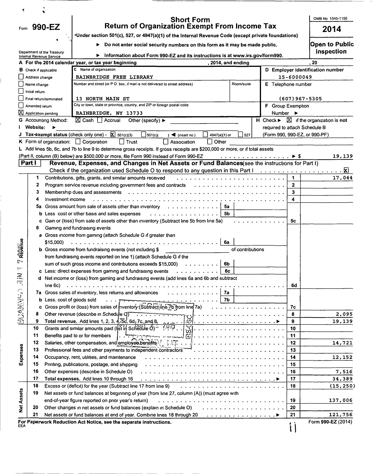 Image of first page of 2014 Form 990EZ for Bainbridge Free Library