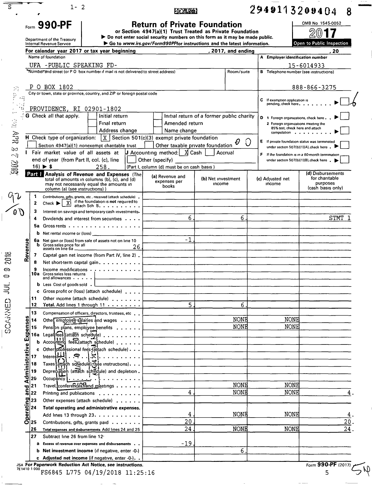 Image of first page of 2017 Form 990PF for Ufa -public Speaking Fund