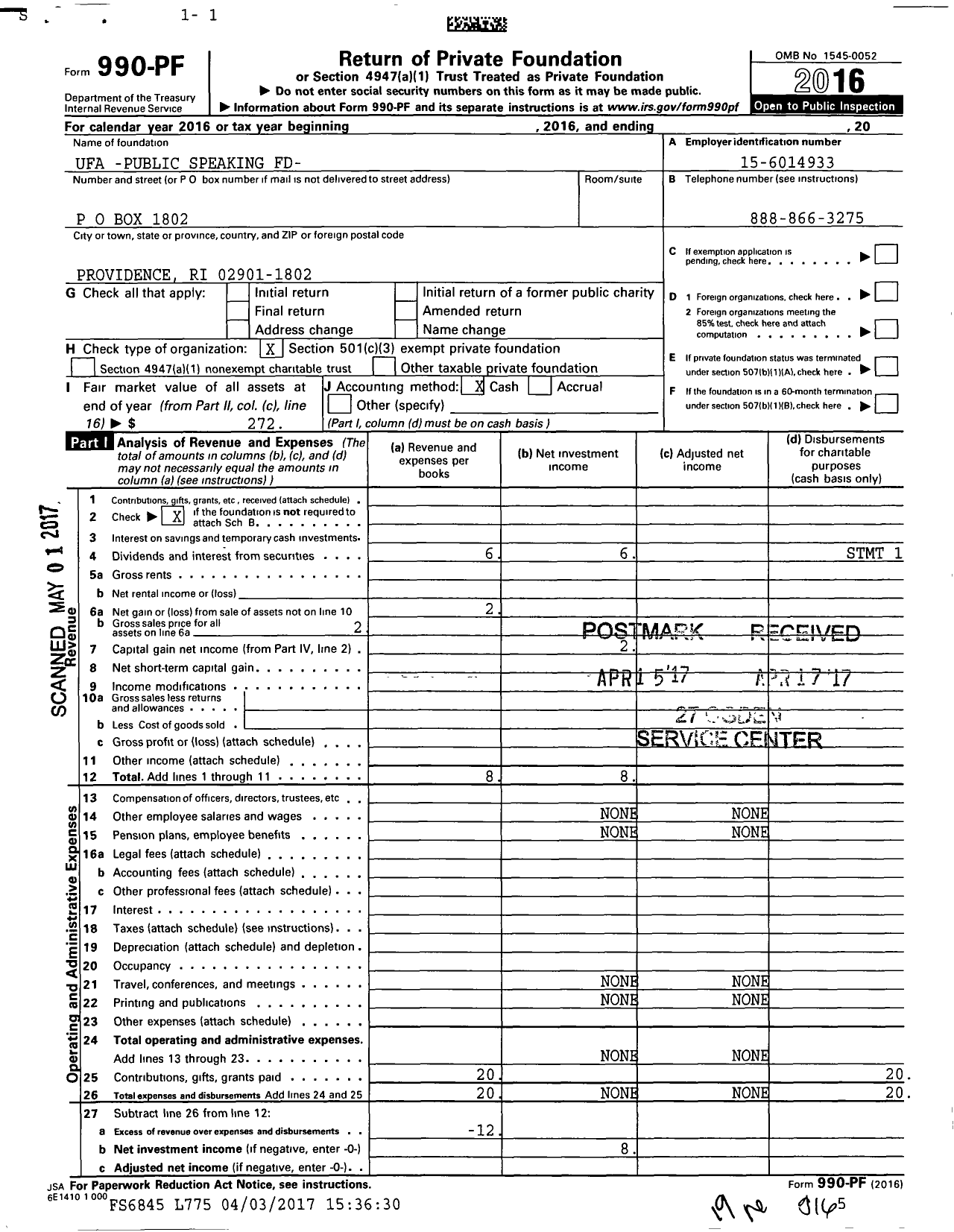 Image of first page of 2016 Form 990PF for Ufa -public Speaking Fund