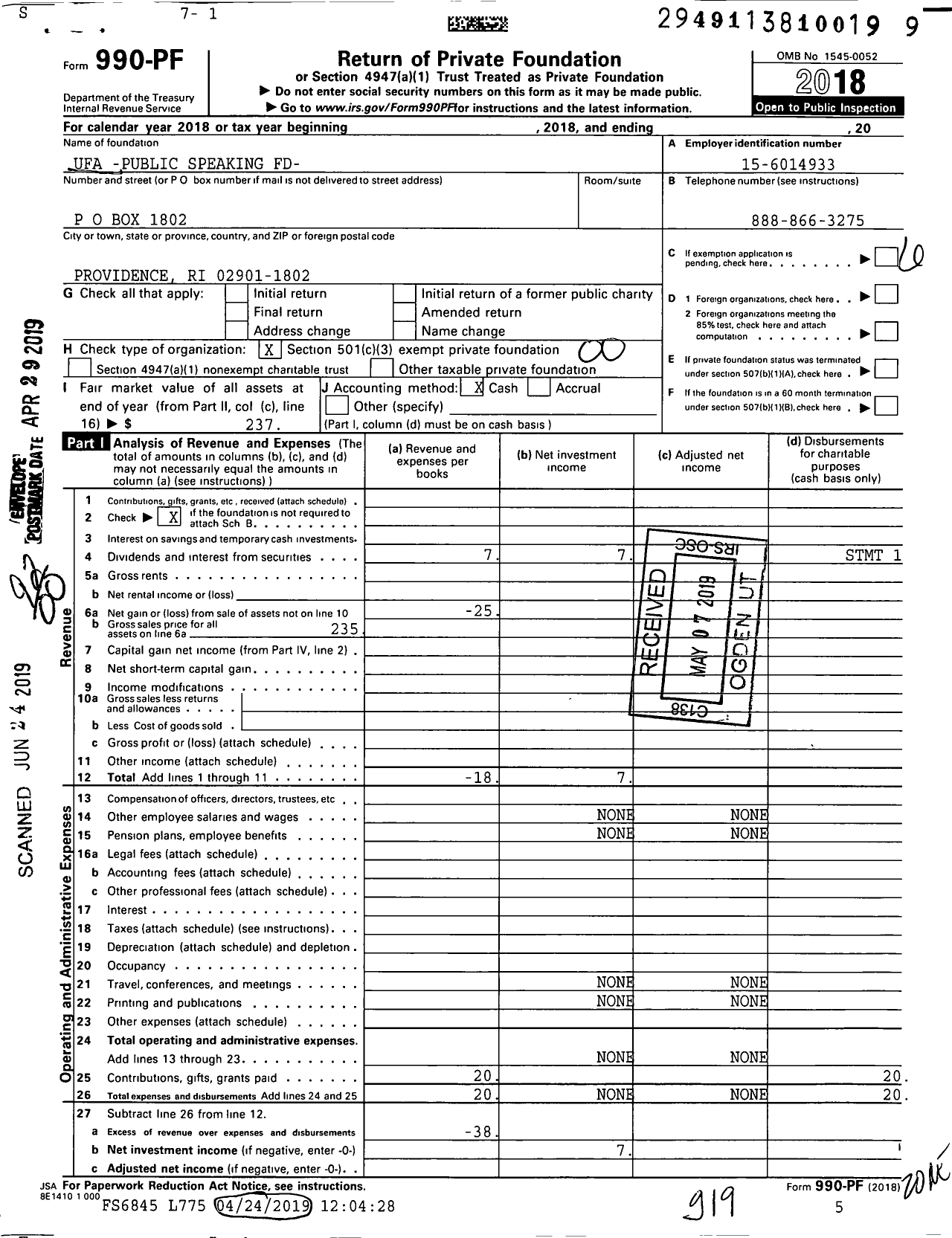 Image of first page of 2018 Form 990PF for Ufa -public Speaking Fund