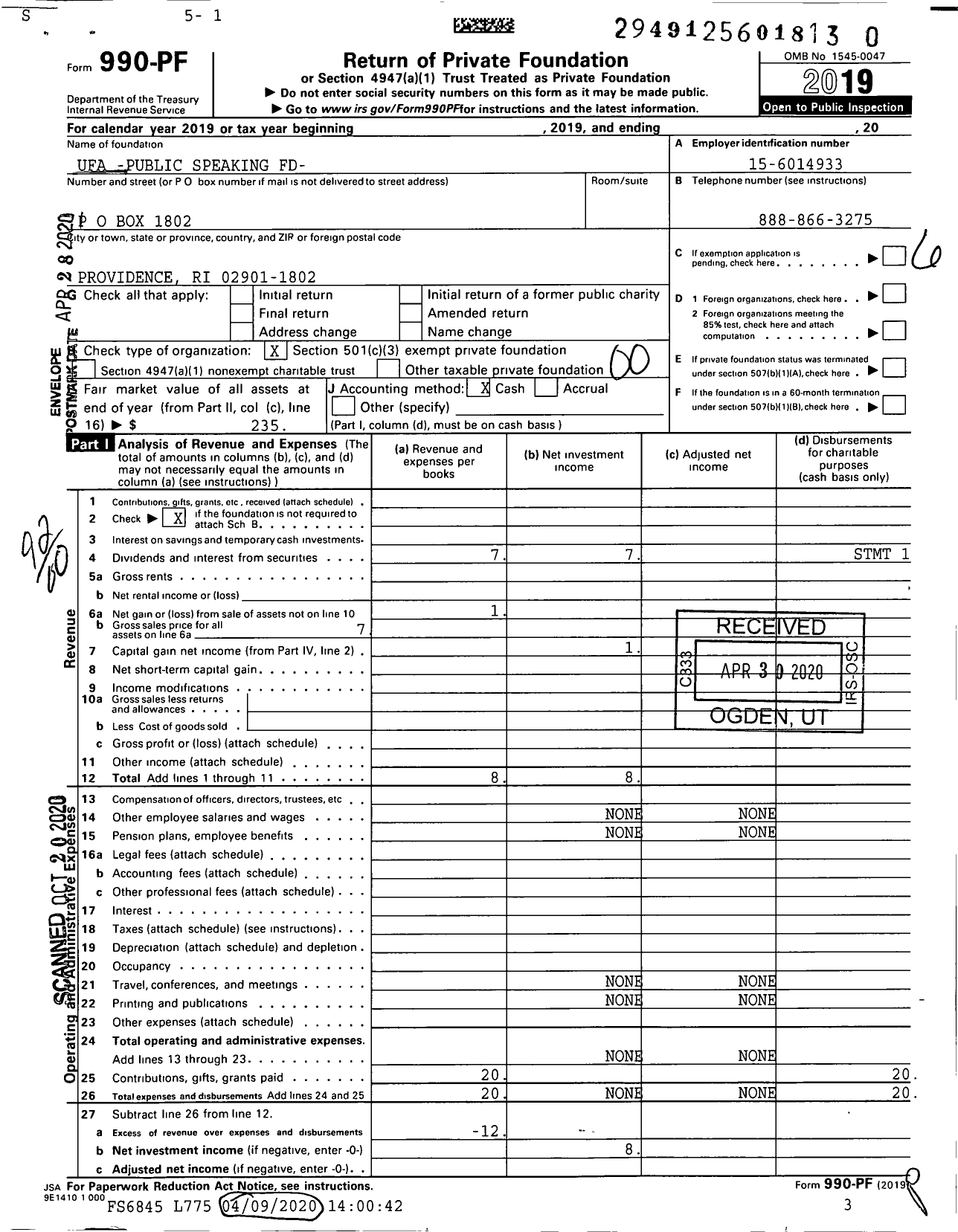 Image of first page of 2019 Form 990PR for Ufa -public Speaking Fund