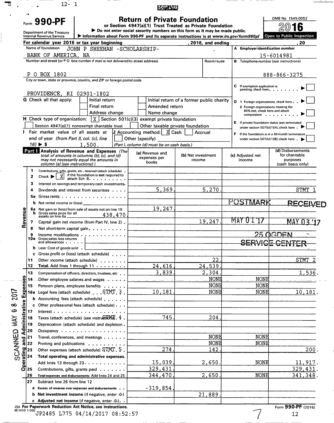 Image of first page of 2016 Form 990PF for John P Sheehan- Scholarship Bank of America Na