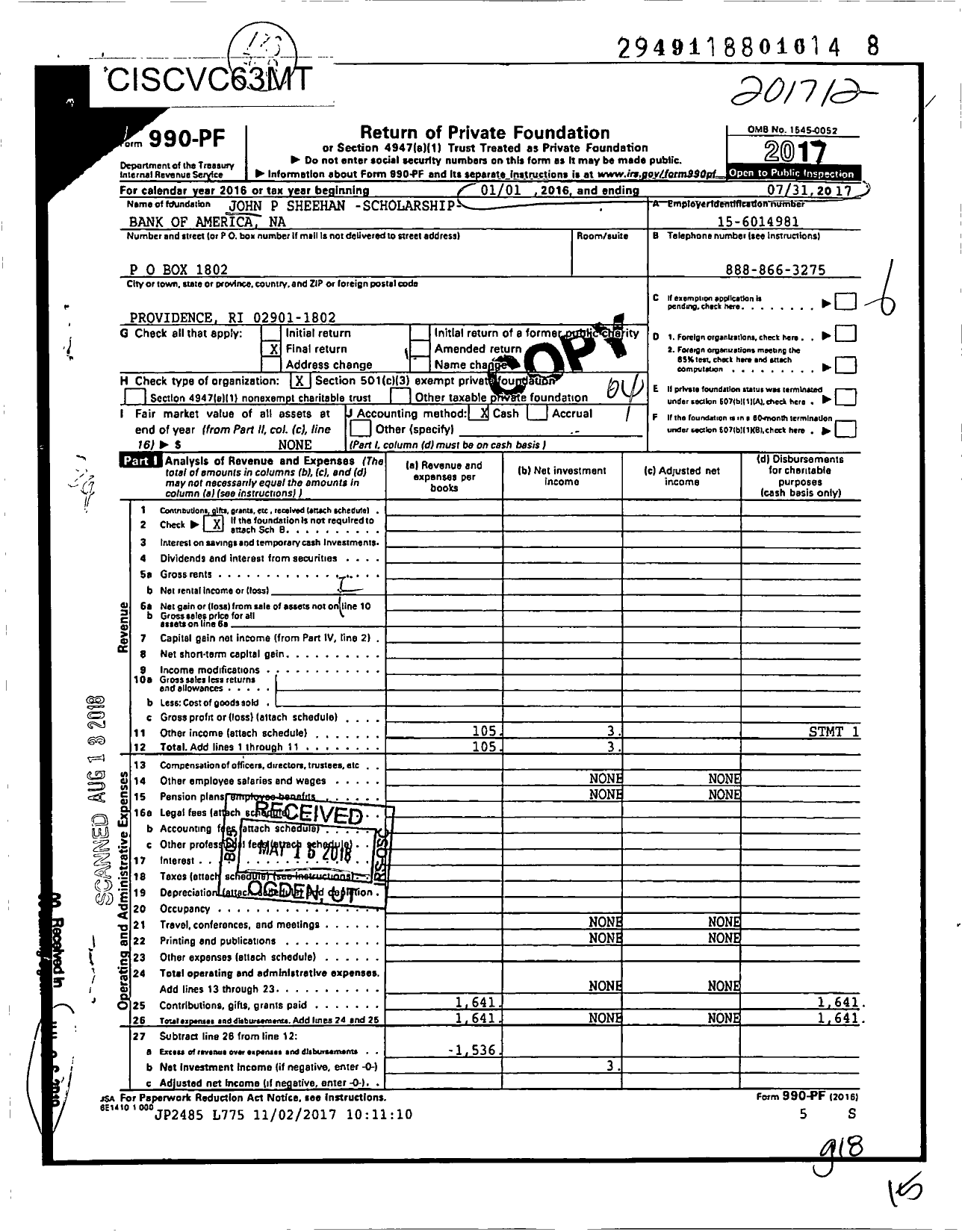 Image of first page of 2017 Form 990PF for John P Sheehan- Scholarship Bank of America Na