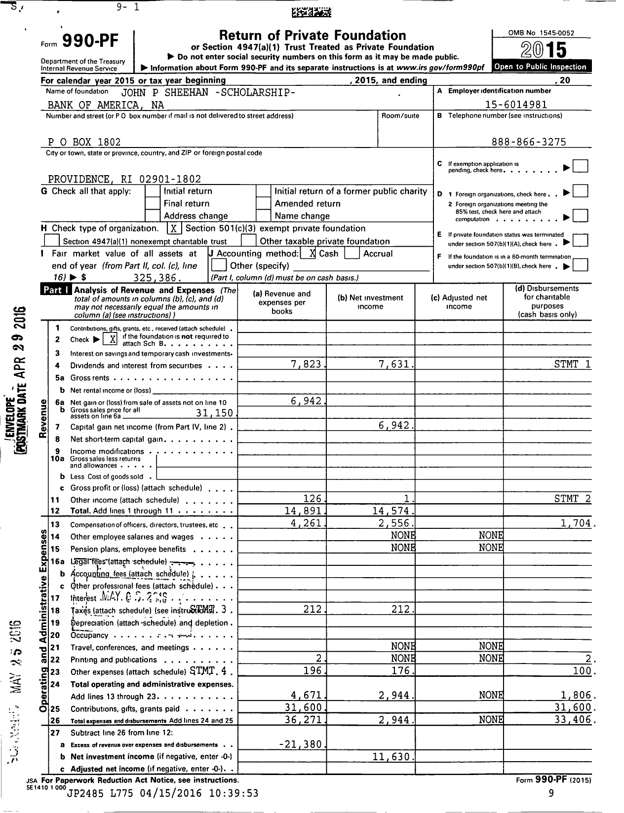 Image of first page of 2015 Form 990PF for John P Sheehan- Scholarship Bank of America Na
