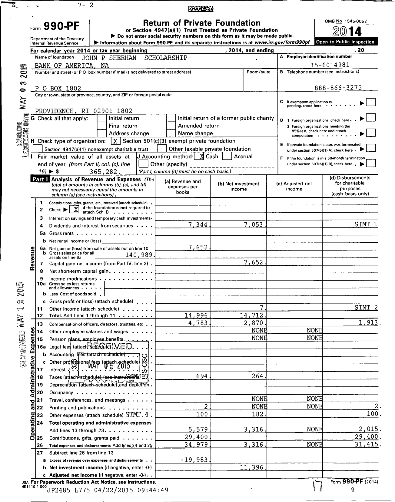 Image of first page of 2014 Form 990PF for John P Sheehan- Scholarship Bank of America Na