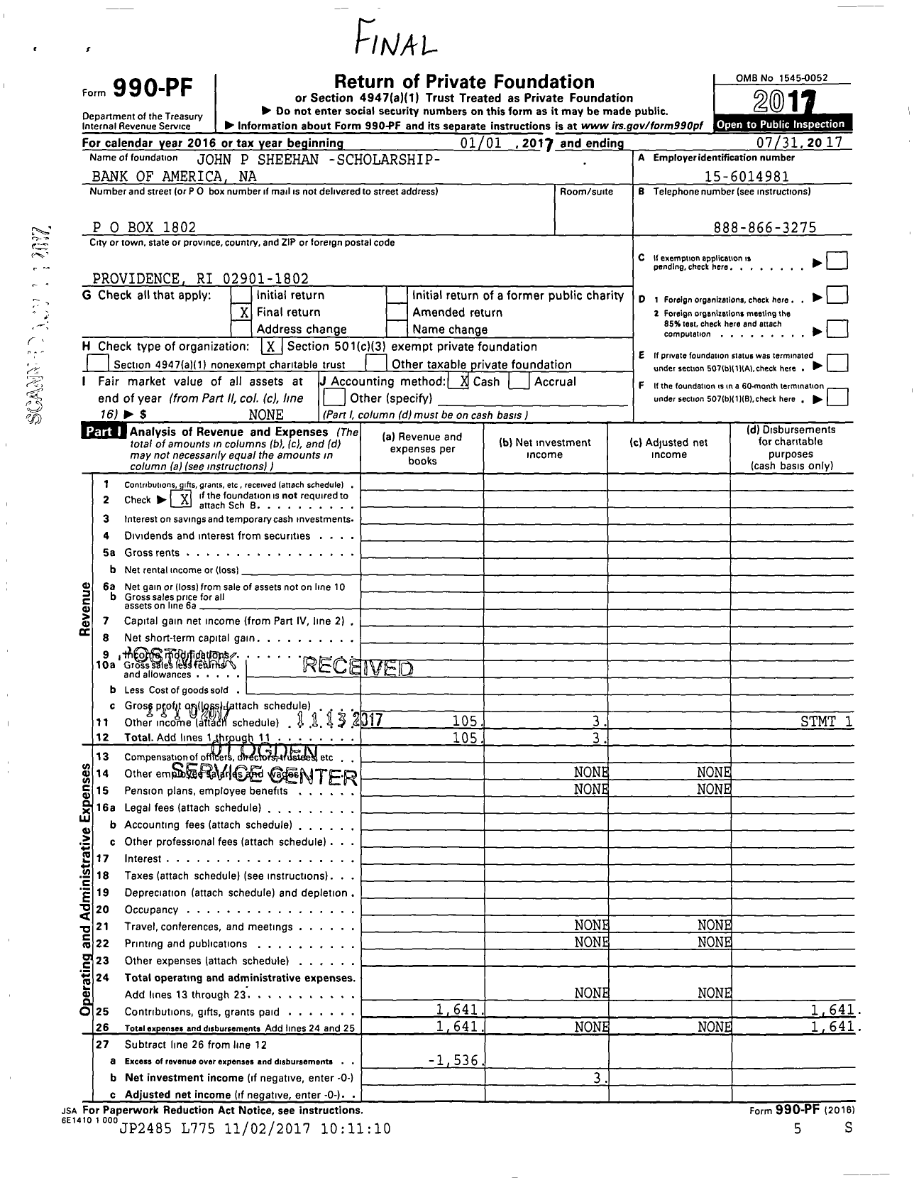 Image of first page of 2016 Form 990PF for John P Sheehan- Scholarship Bank of America Na