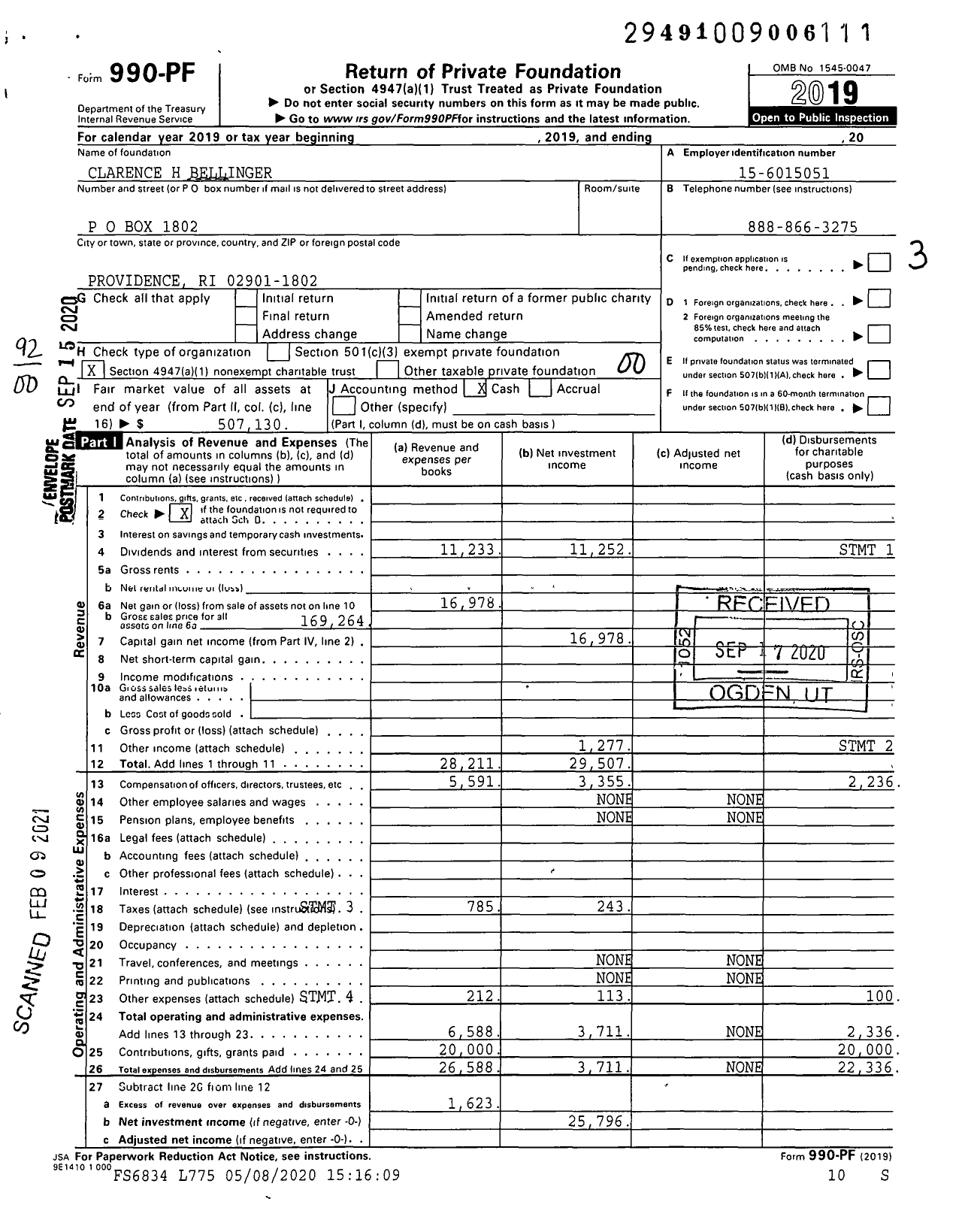 Image of first page of 2019 Form 990PF for Clarence H Bellinger