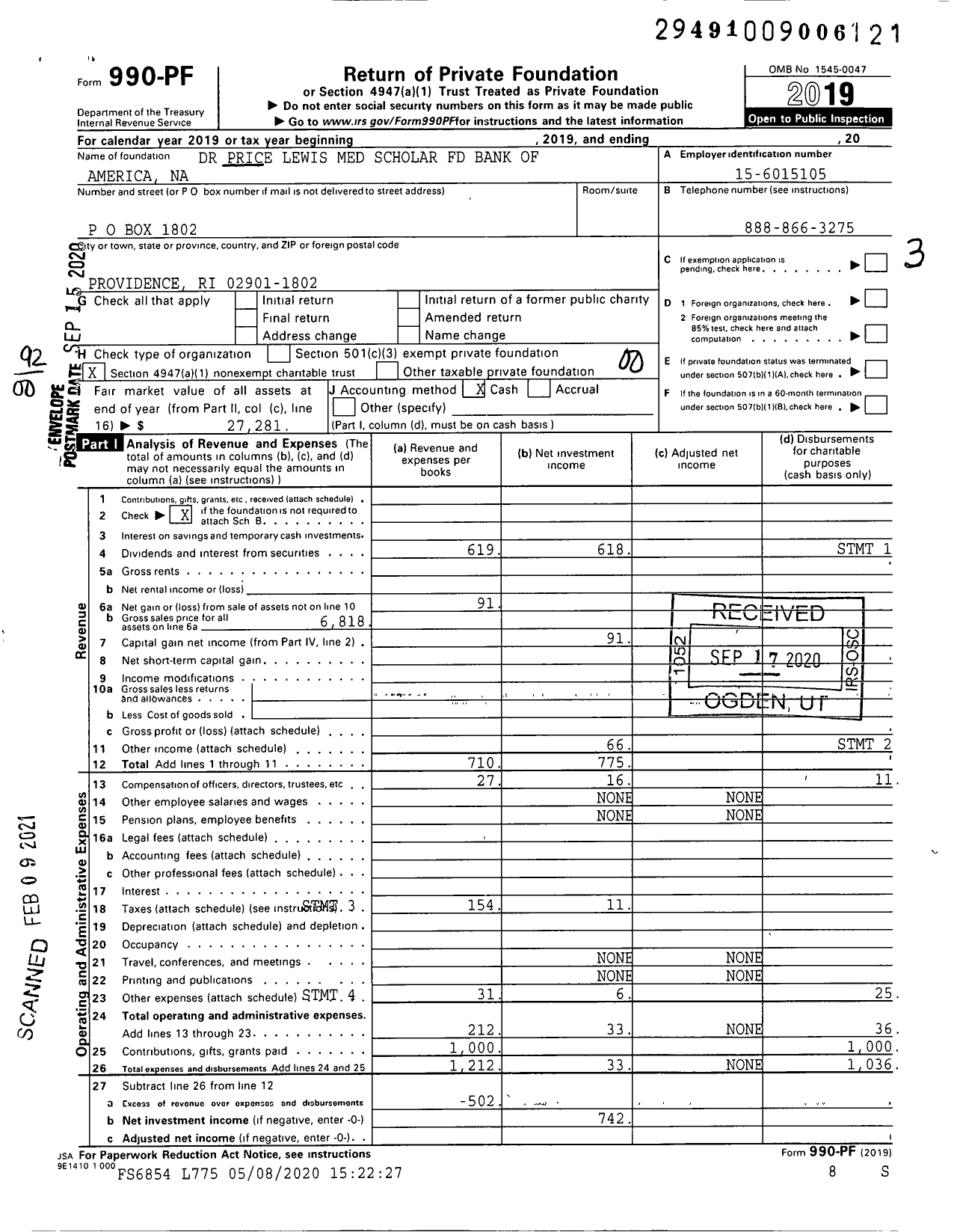 Image of first page of 2019 Form 990PF for Dr Price Lewis Med Scholar FD Bank of