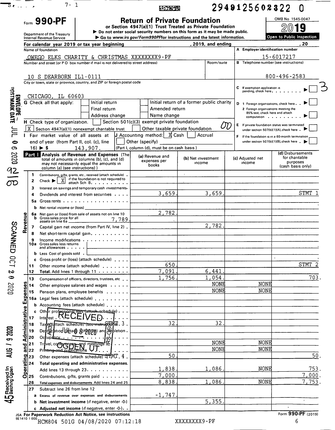 Image of first page of 2019 Form 990PR for Owego Elks Charity and Christmas XXXXX3009