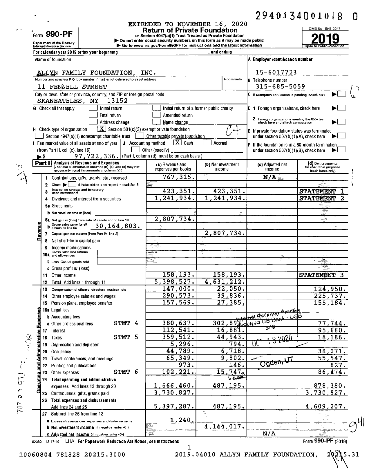 Image of first page of 2019 Form 990PF for Allyn Family Foundation