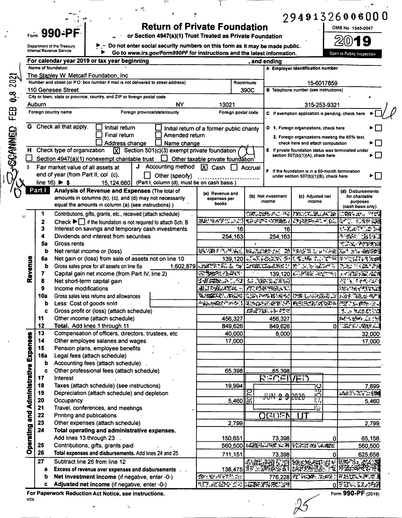 Image of first page of 2019 Form 990PF for The Stanley W Metcalf Foundation
