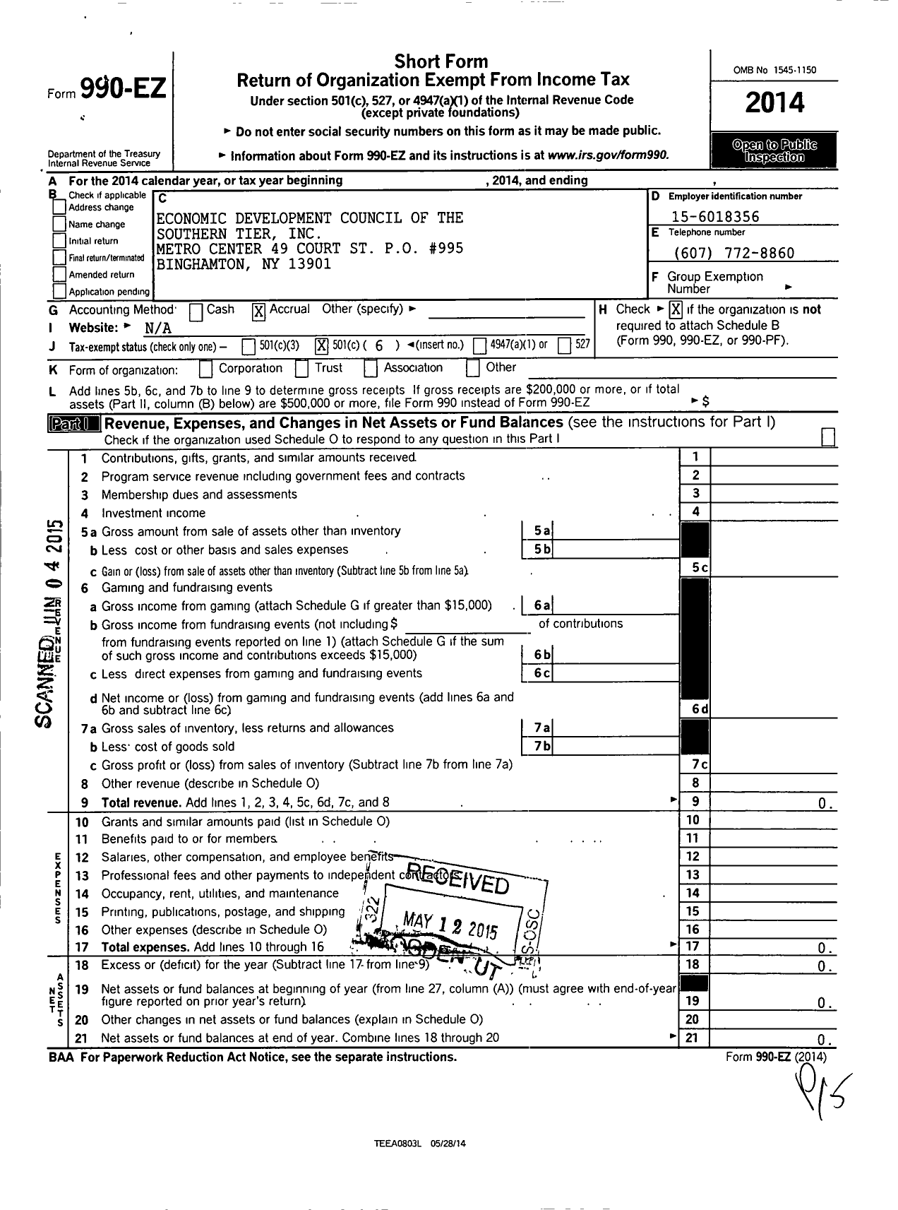 Image of first page of 2014 Form 990EO for Economic Development Council of the Southern Tier