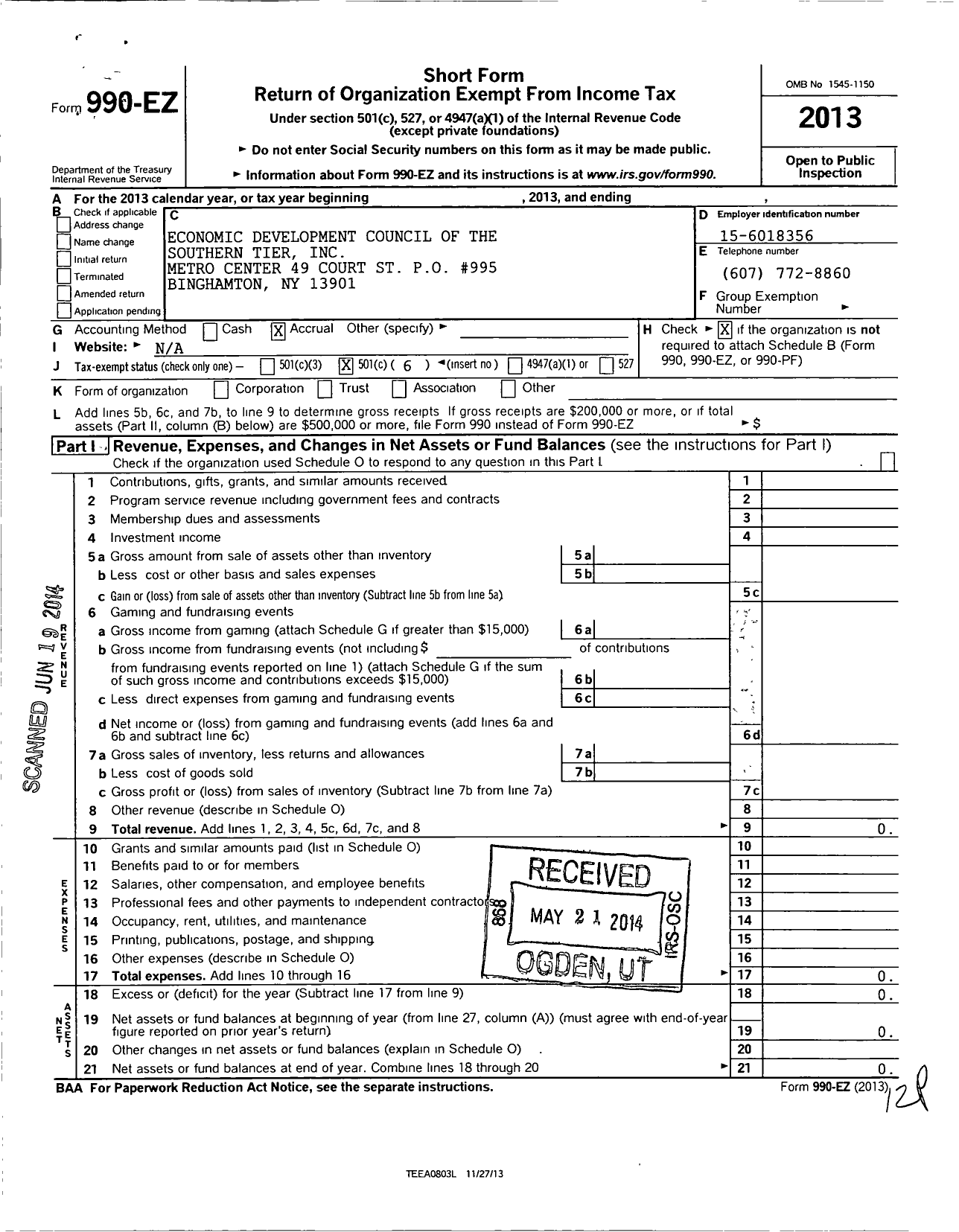 Image of first page of 2013 Form 990EO for Economic Development Council of the Southern Tier