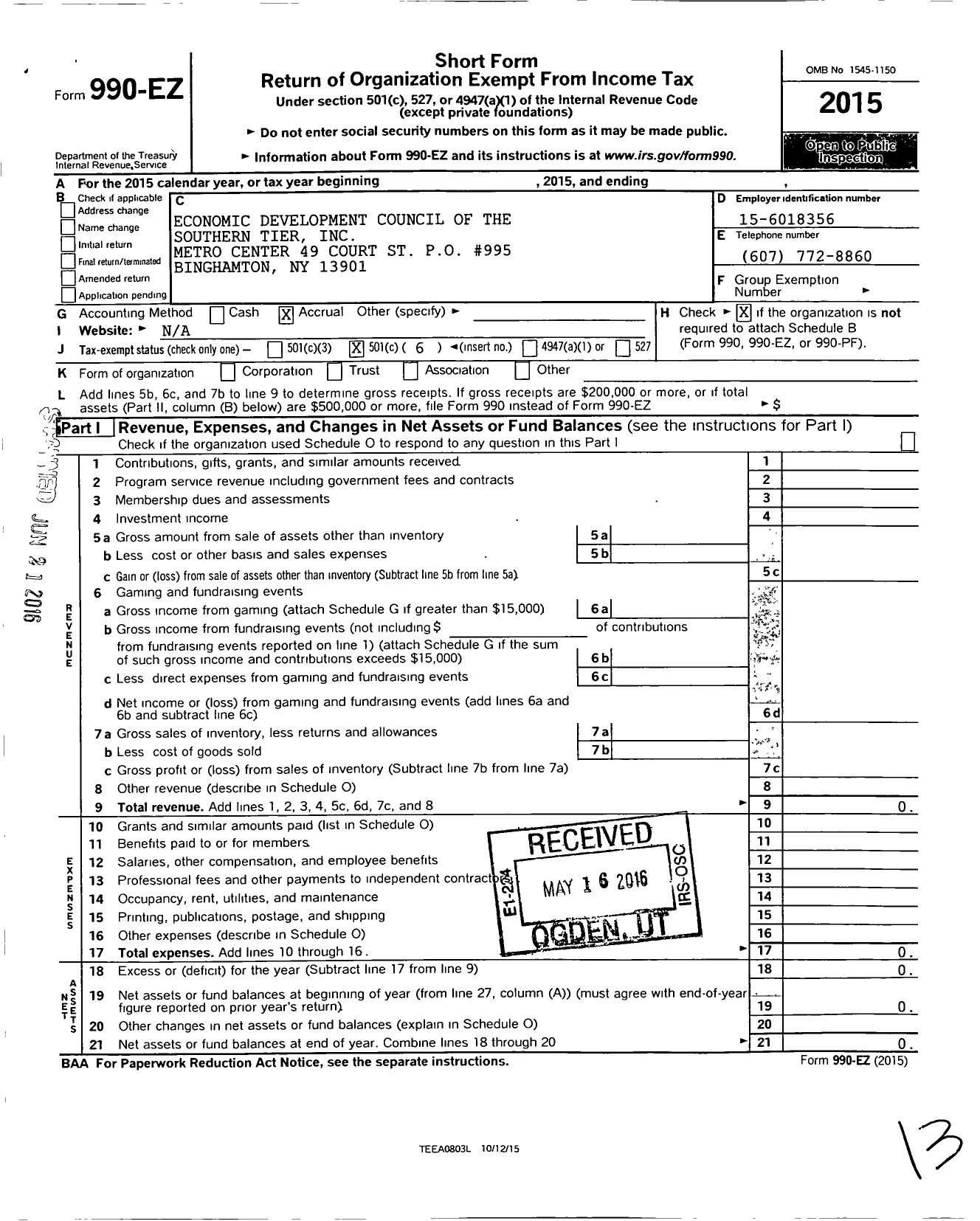 Image of first page of 2015 Form 990EO for Economic Development Council of the Southern Tier