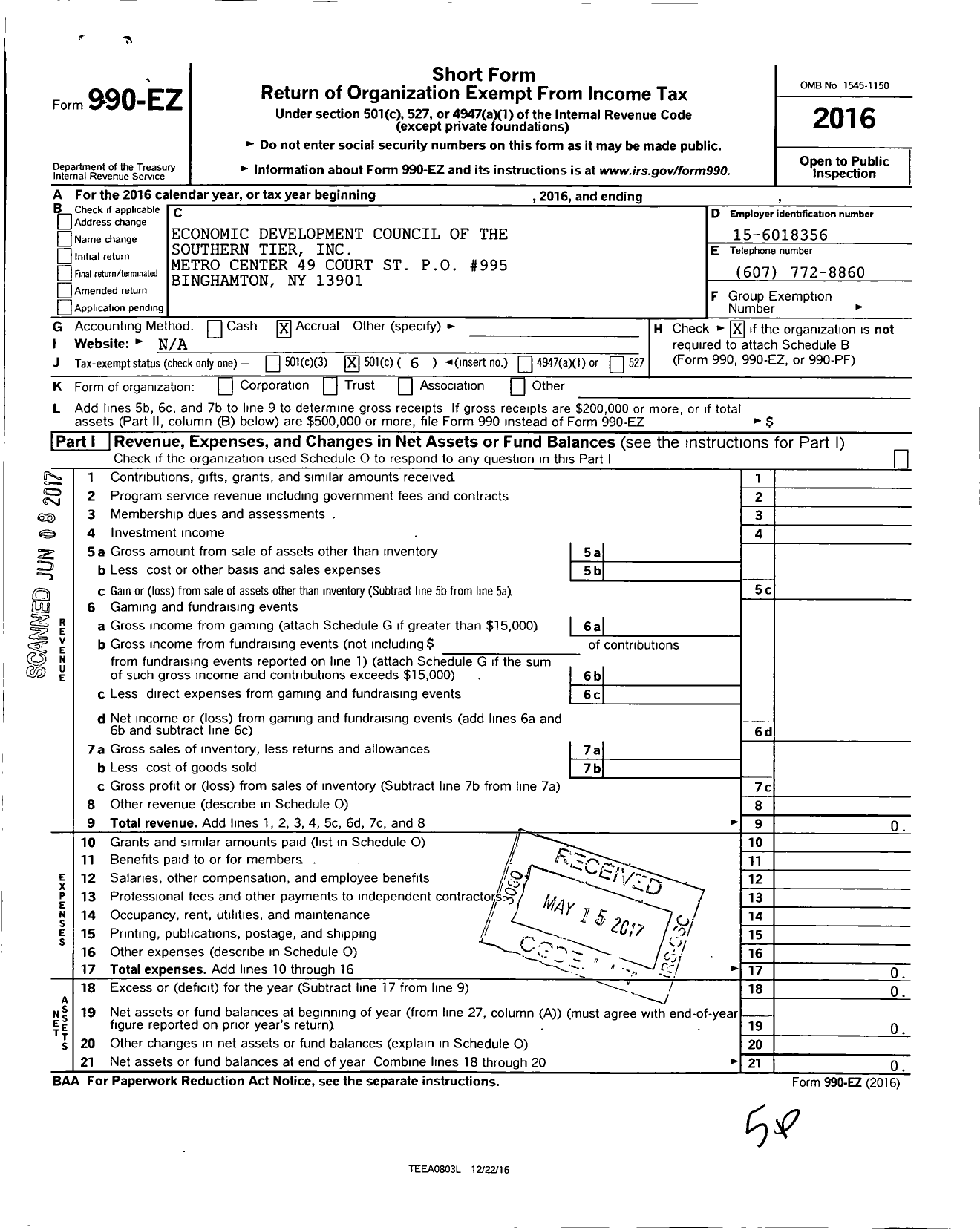 Image of first page of 2016 Form 990EO for Economic Development Council of the Southern Tier