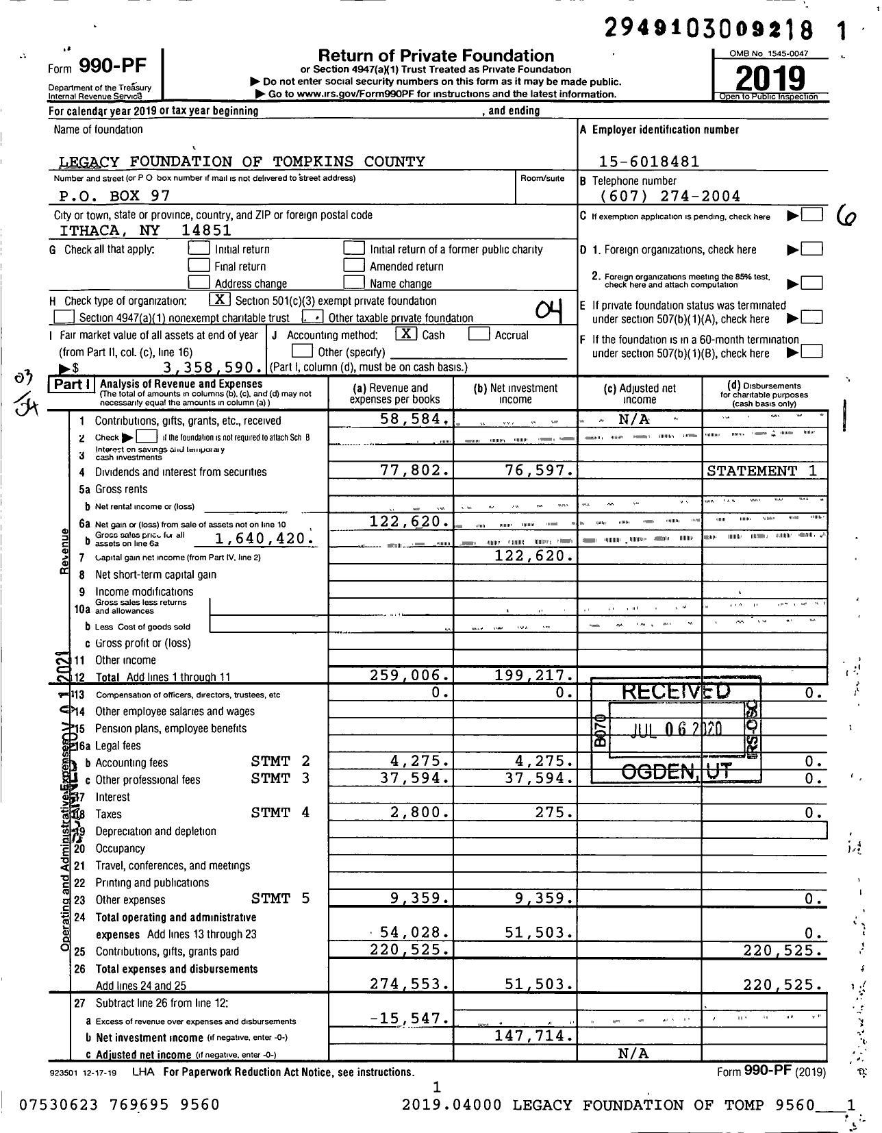 Image of first page of 2019 Form 990PF for Legacy Foundation of Tompkins County