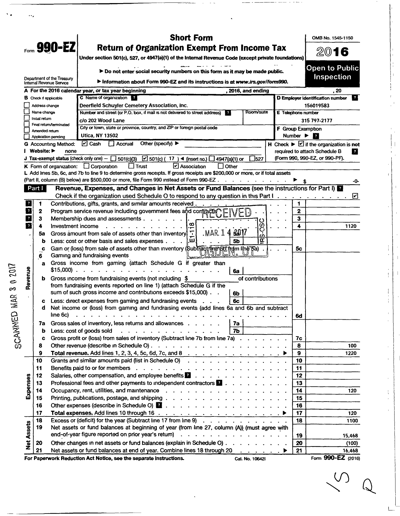 Image of first page of 2016 Form 990EO for Deerfield Schuyler Cemetery Association