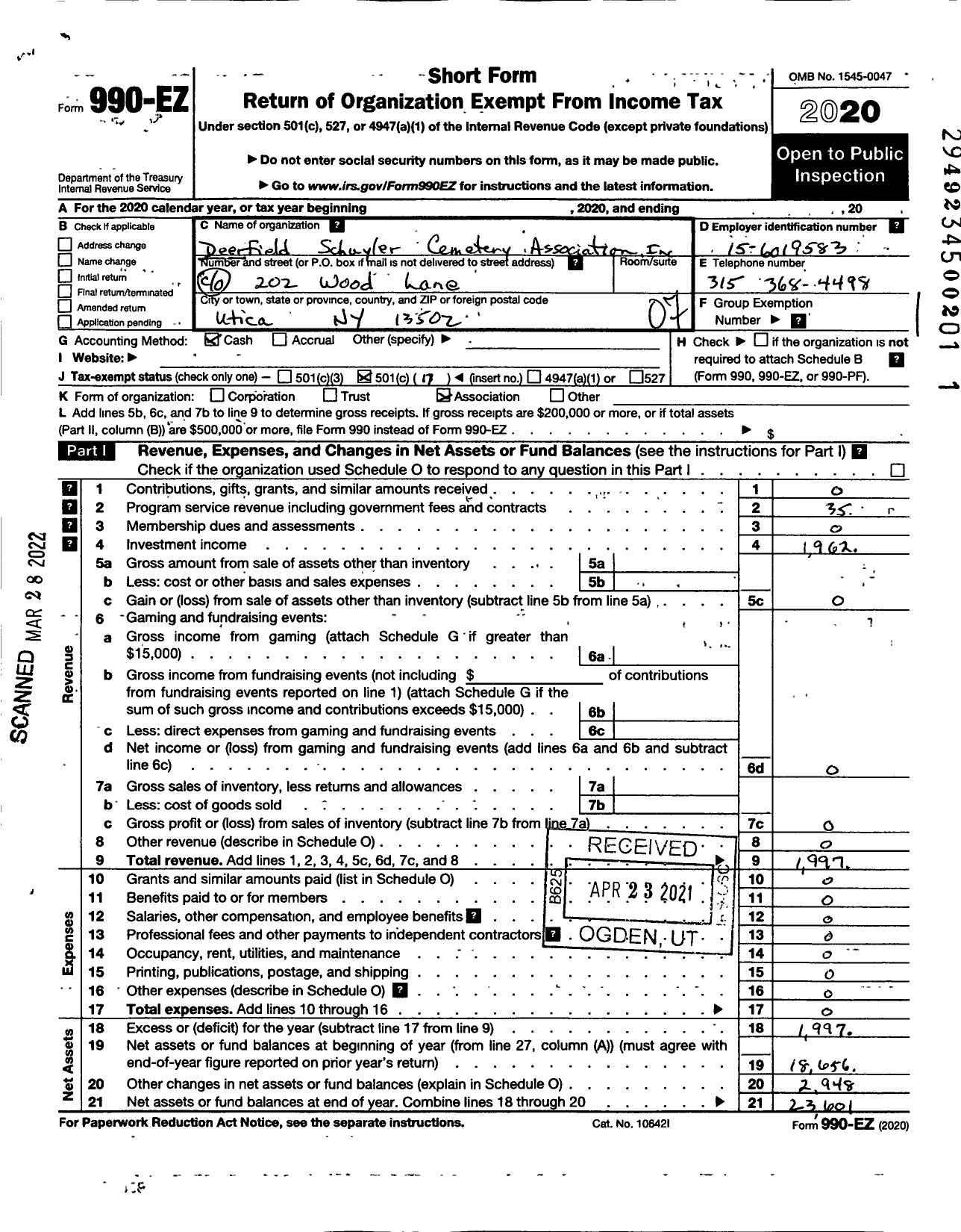 Image of first page of 2020 Form 990EO for Deerfield Schuyler Cemetery Association