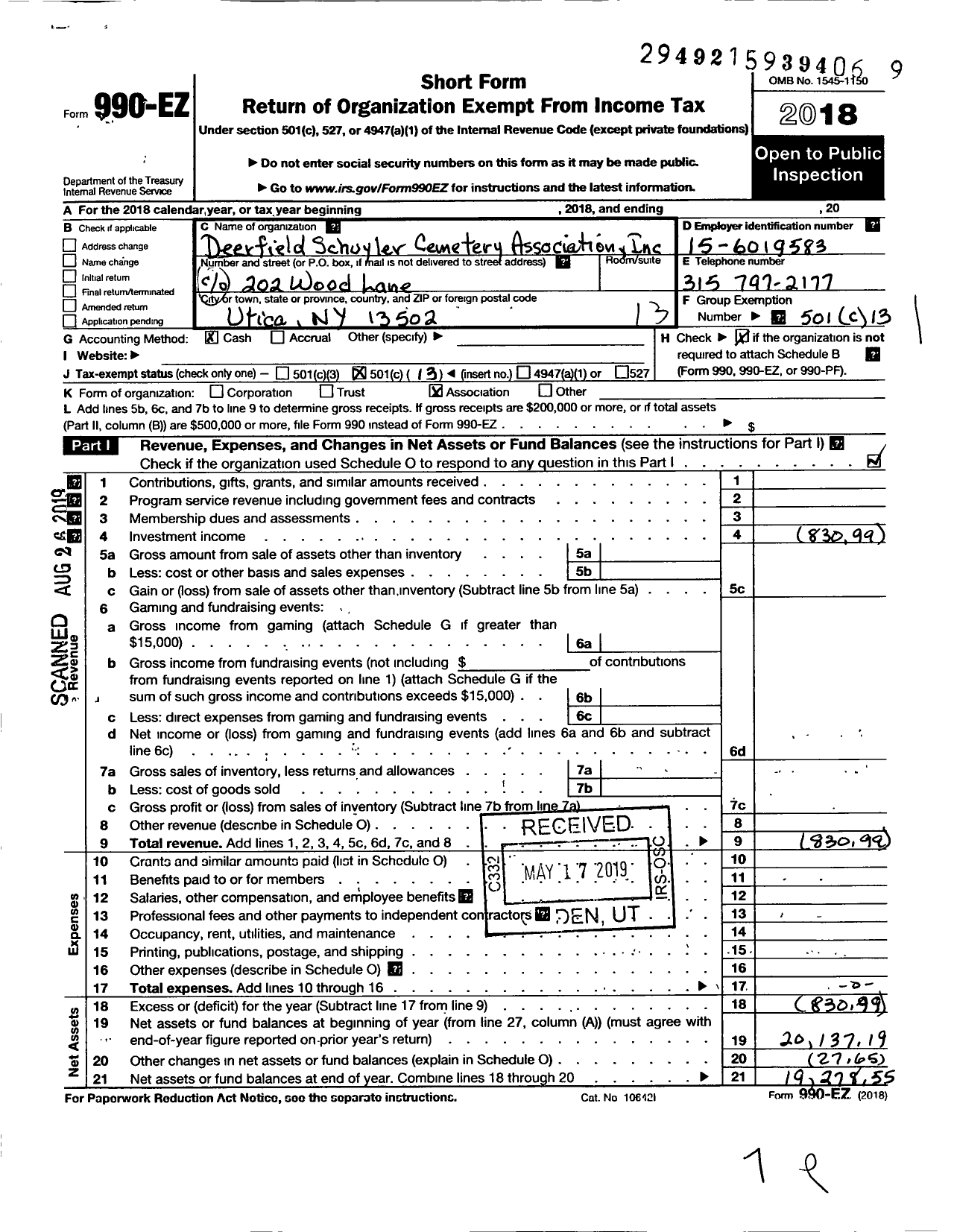 Image of first page of 2018 Form 990EO for Deerfield Schuyler Cemetery Association