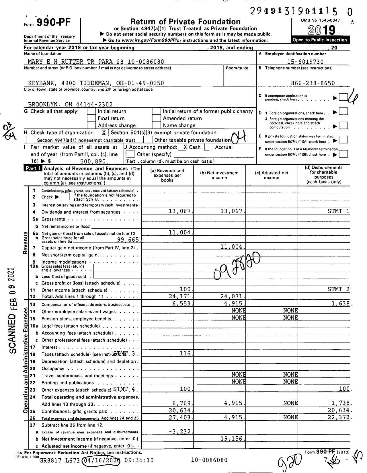 Image of first page of 2019 Form 990PF for Mary E H Rutter TR Para 28