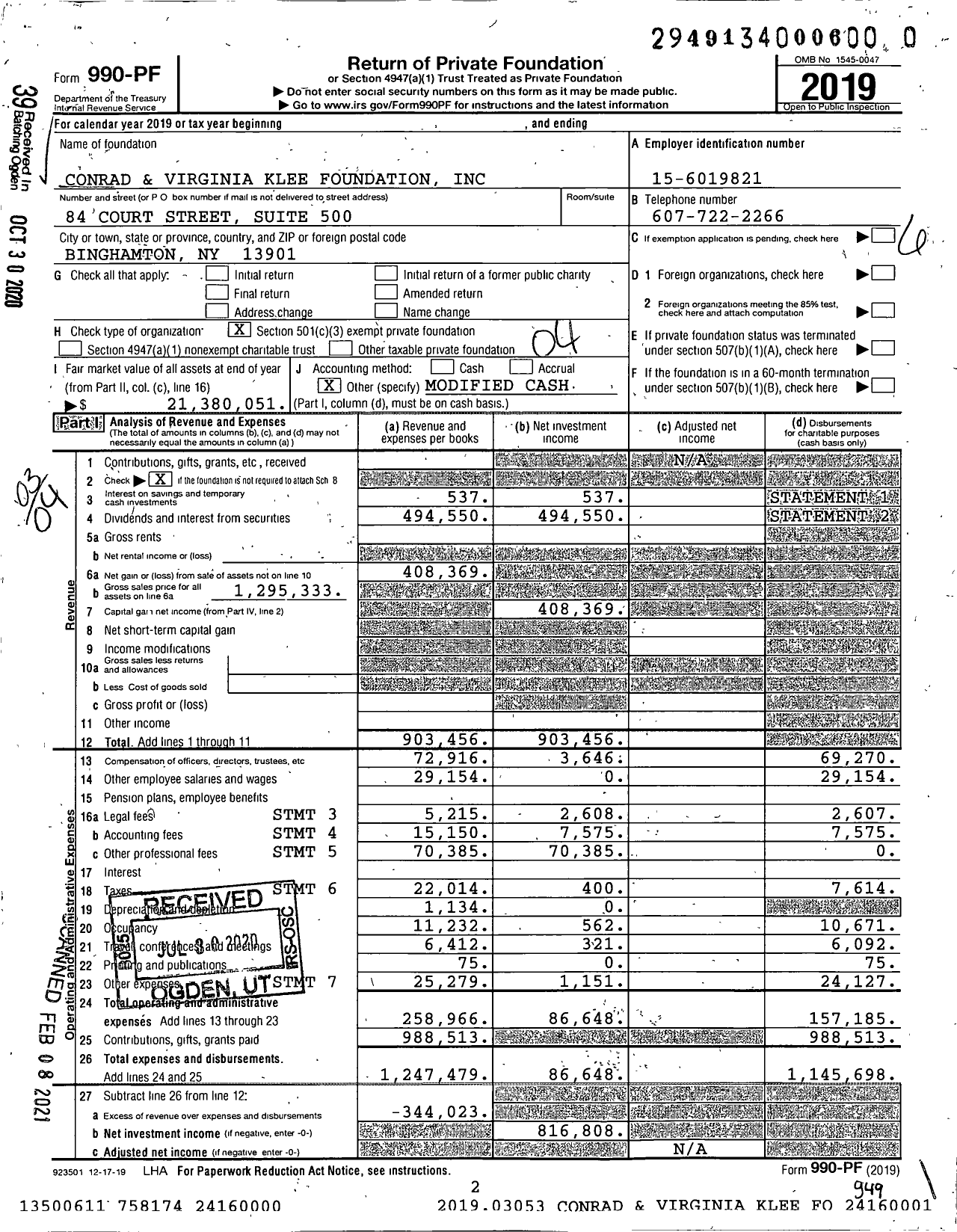 Image of first page of 2019 Form 990PF for Conrad and Virginia Klee Foundation