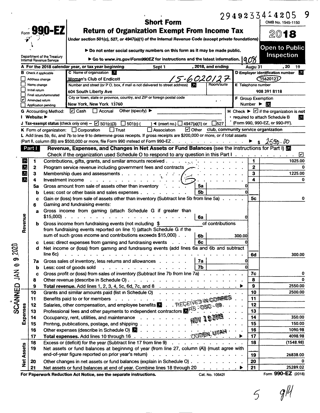 Image of first page of 2018 Form 990EZ for Womans Club of Endicott New York