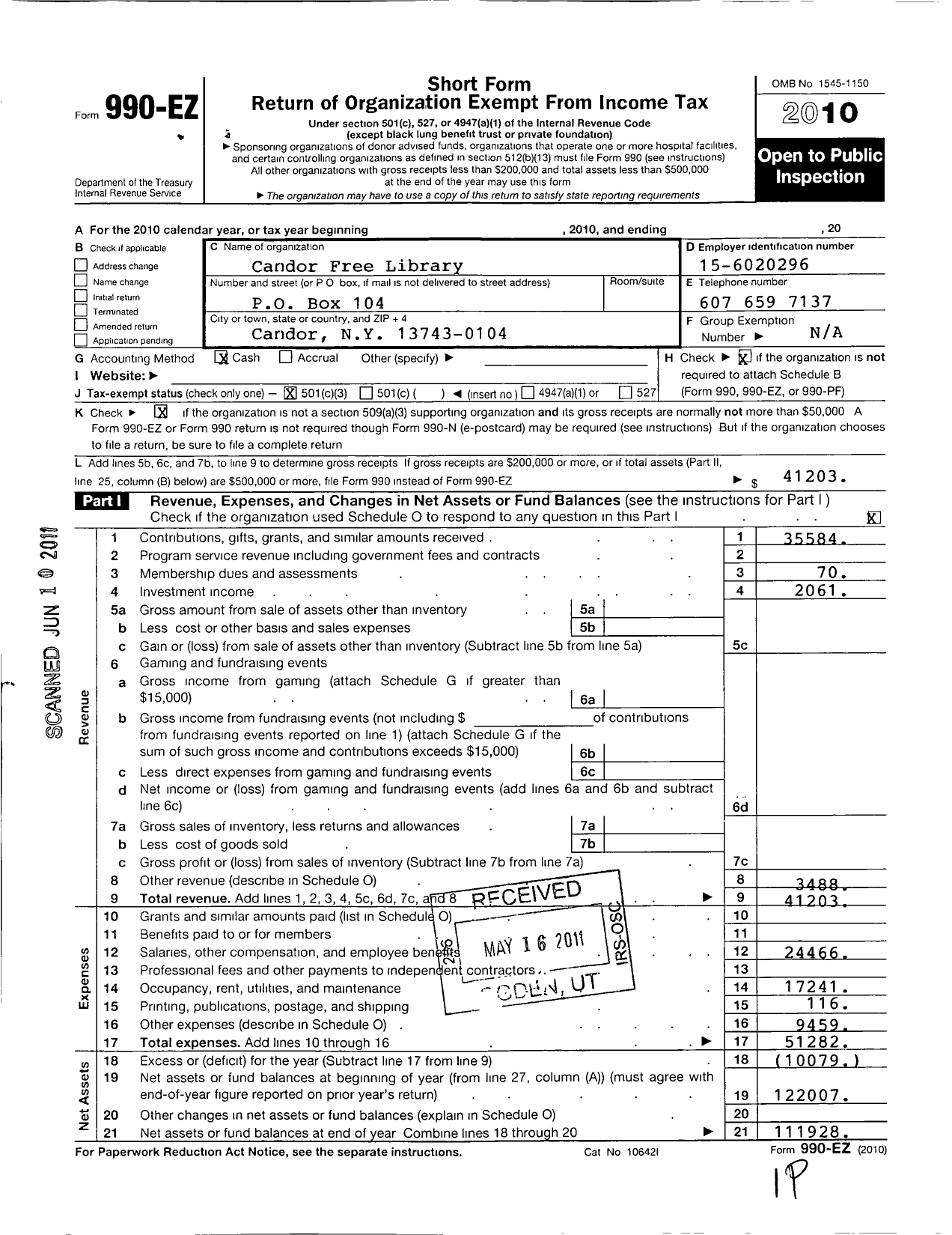 Image of first page of 2010 Form 990EZ for Candor Free Library