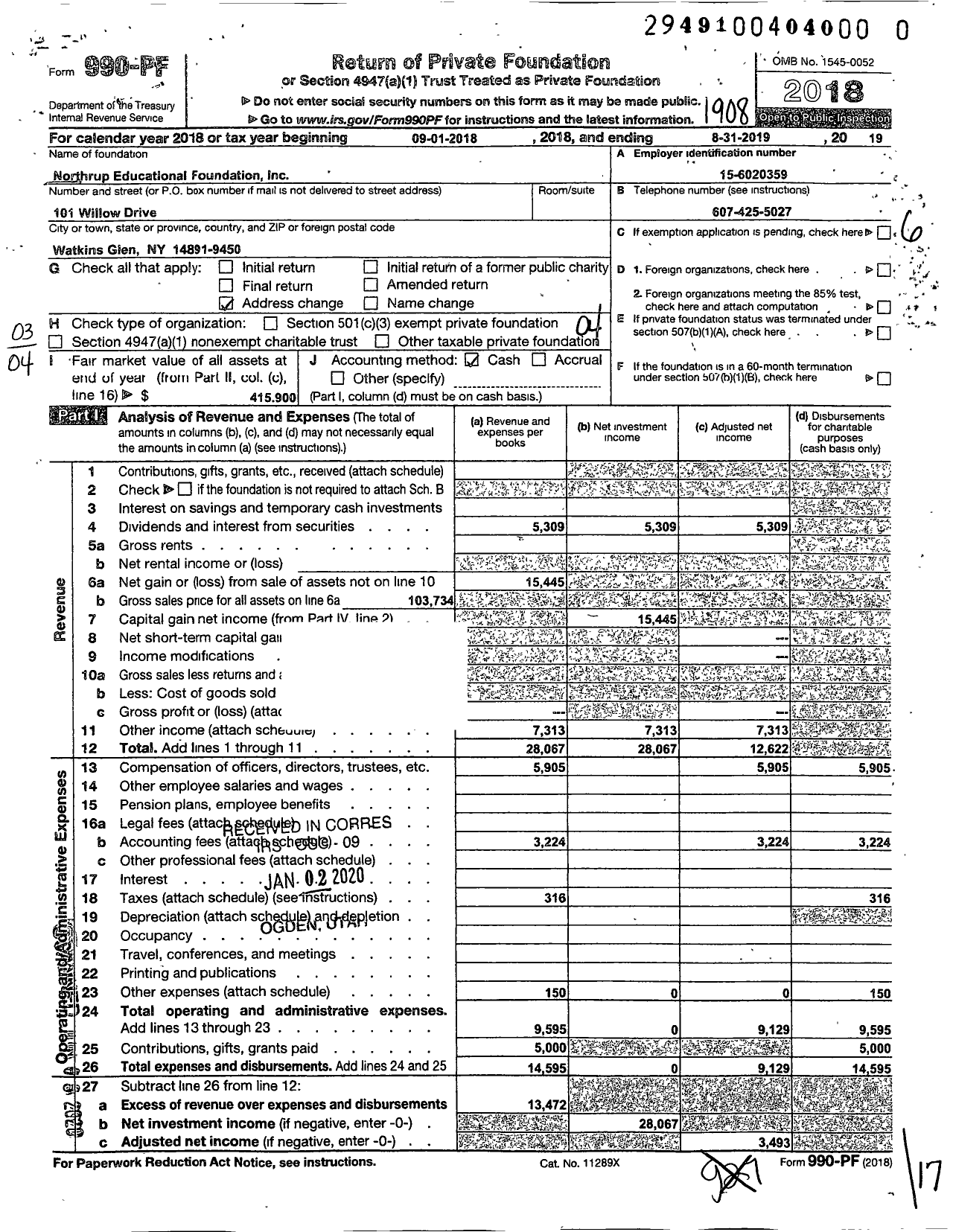 Image of first page of 2018 Form 990PR for Northrup Educational Foundation